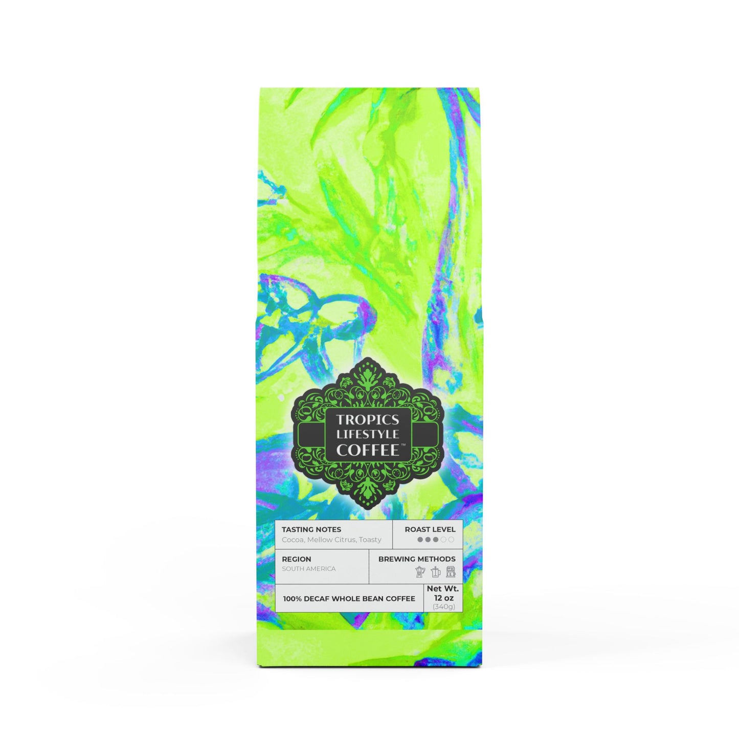 Rainforest Mist™ Single Origin DECAF (Medium Roast) Specialty Grade Coffee / Tropical Doodles, Lime