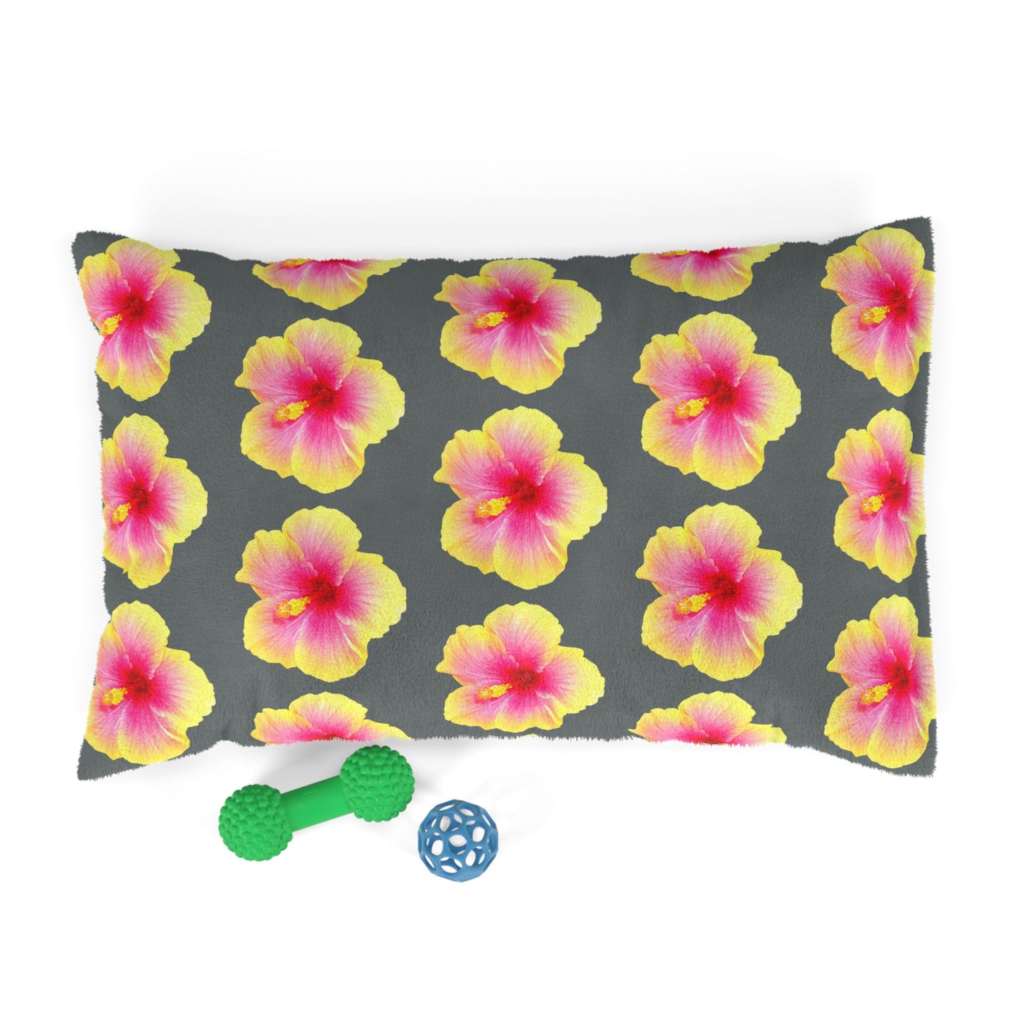 Pet Bed - Cozy and Fun Dog or Cat Bed for Beach Lovers / Real Yellow & Pink Hibiscus/Dark Grey