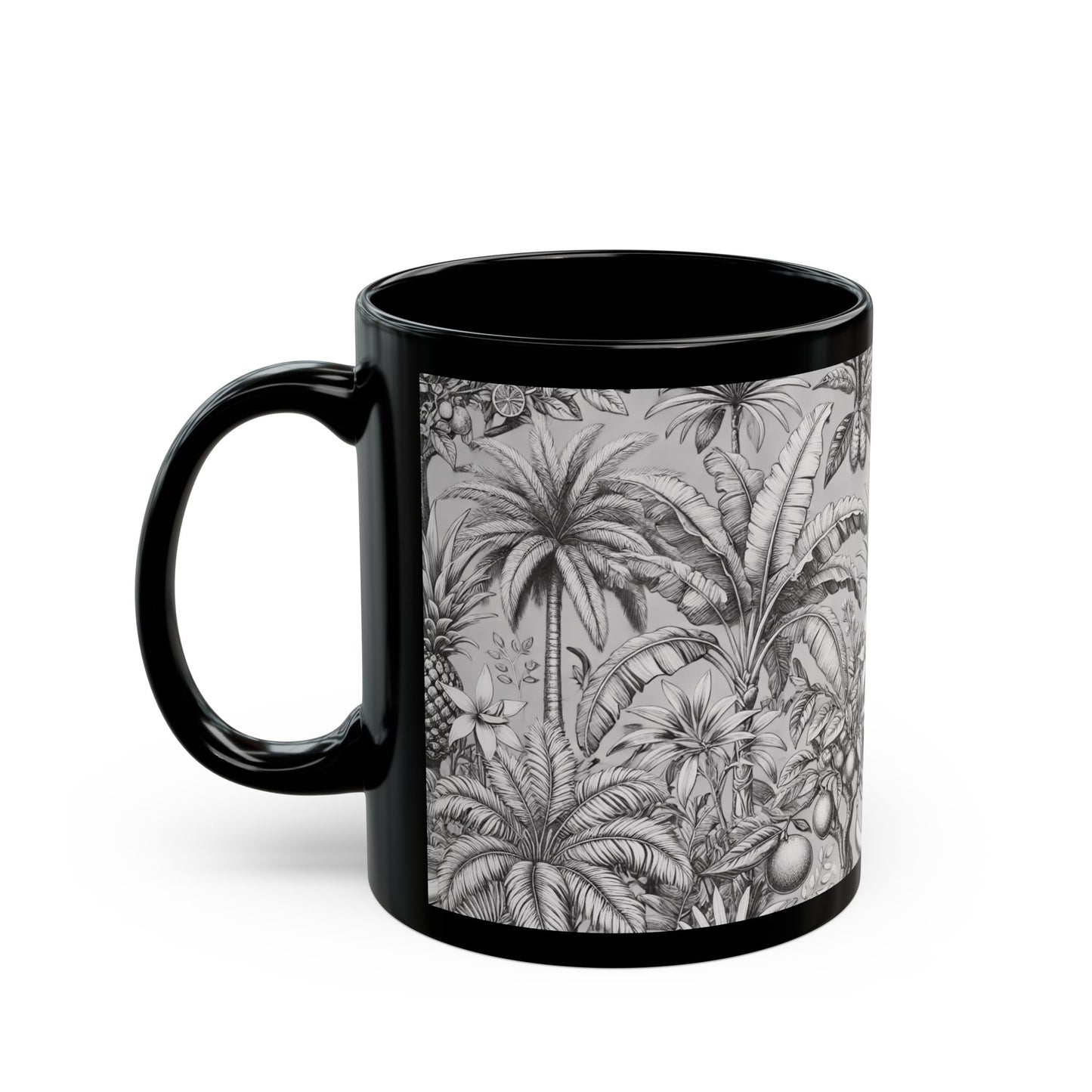 Black Coffee Mug - Tropical Fruit, Newspaper Ink