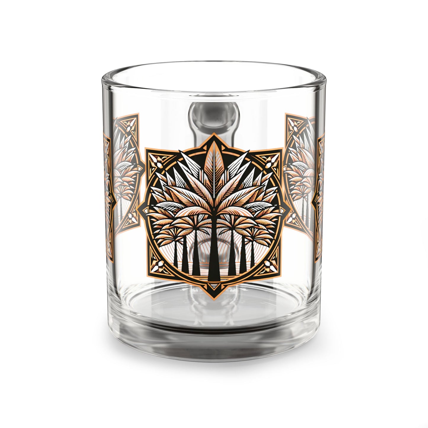 Tropical Glass Mug - 10oz Coffee Cup / Deco Palms, Cinnamon