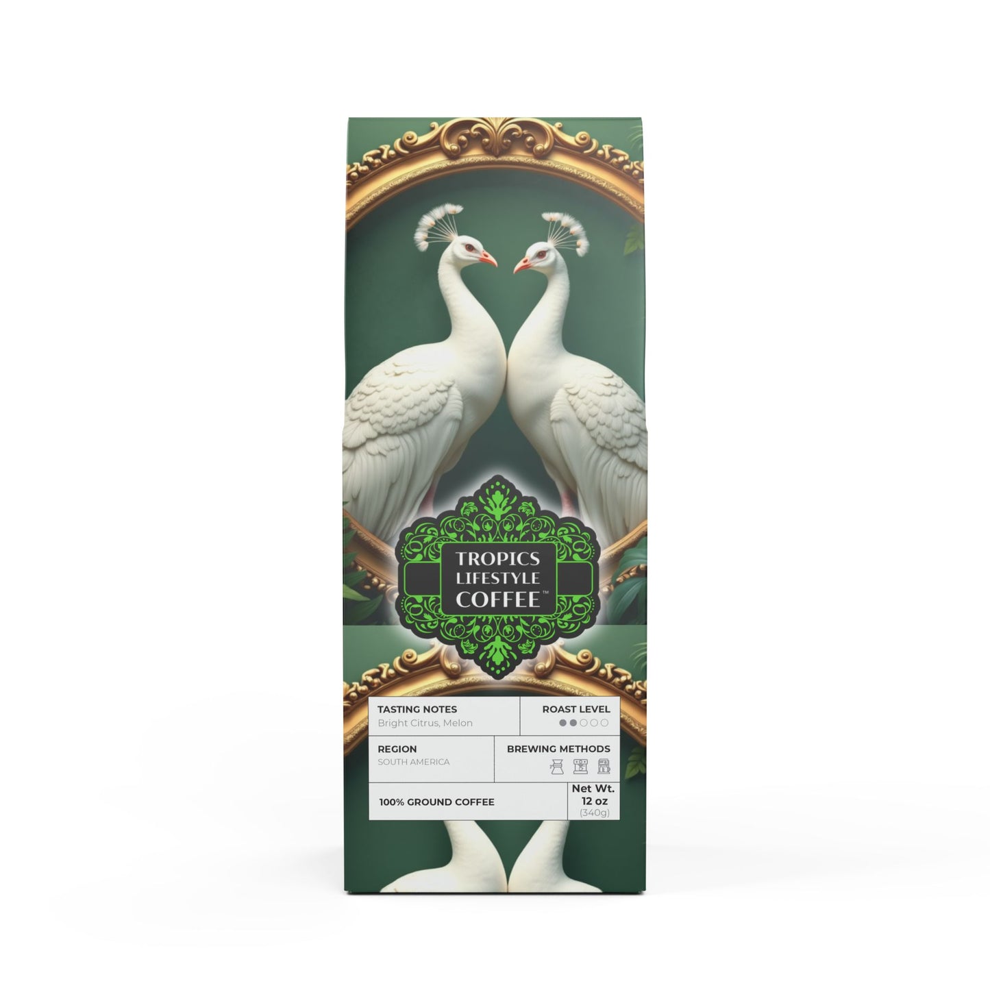 Golden Sands Single Origin™ Coffee (Light-Medium Roast) Specialty Grade / Framed White Peacocks