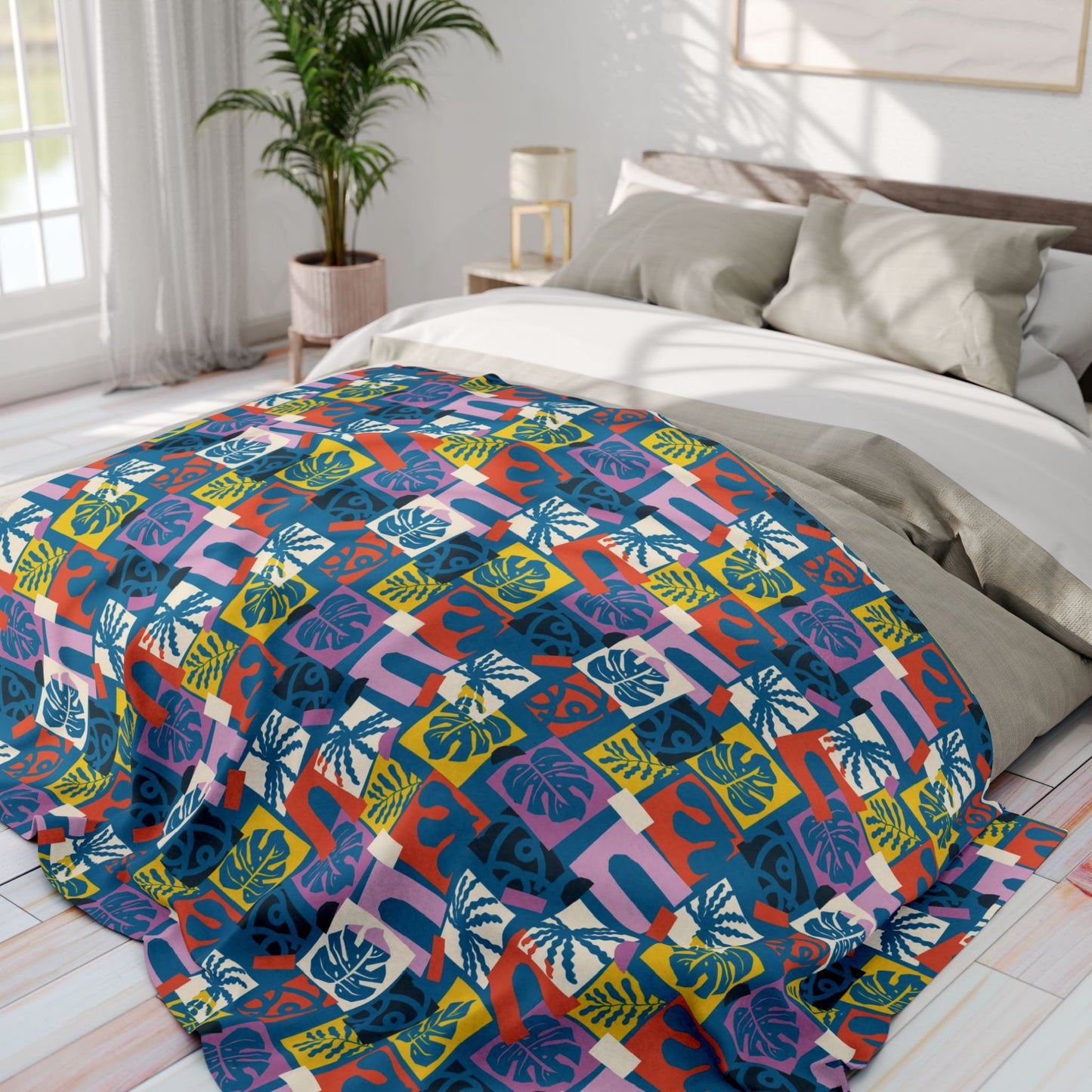 Tiki Boho Monstera Fleece Blanket - Colorful Tropical Botanical Design