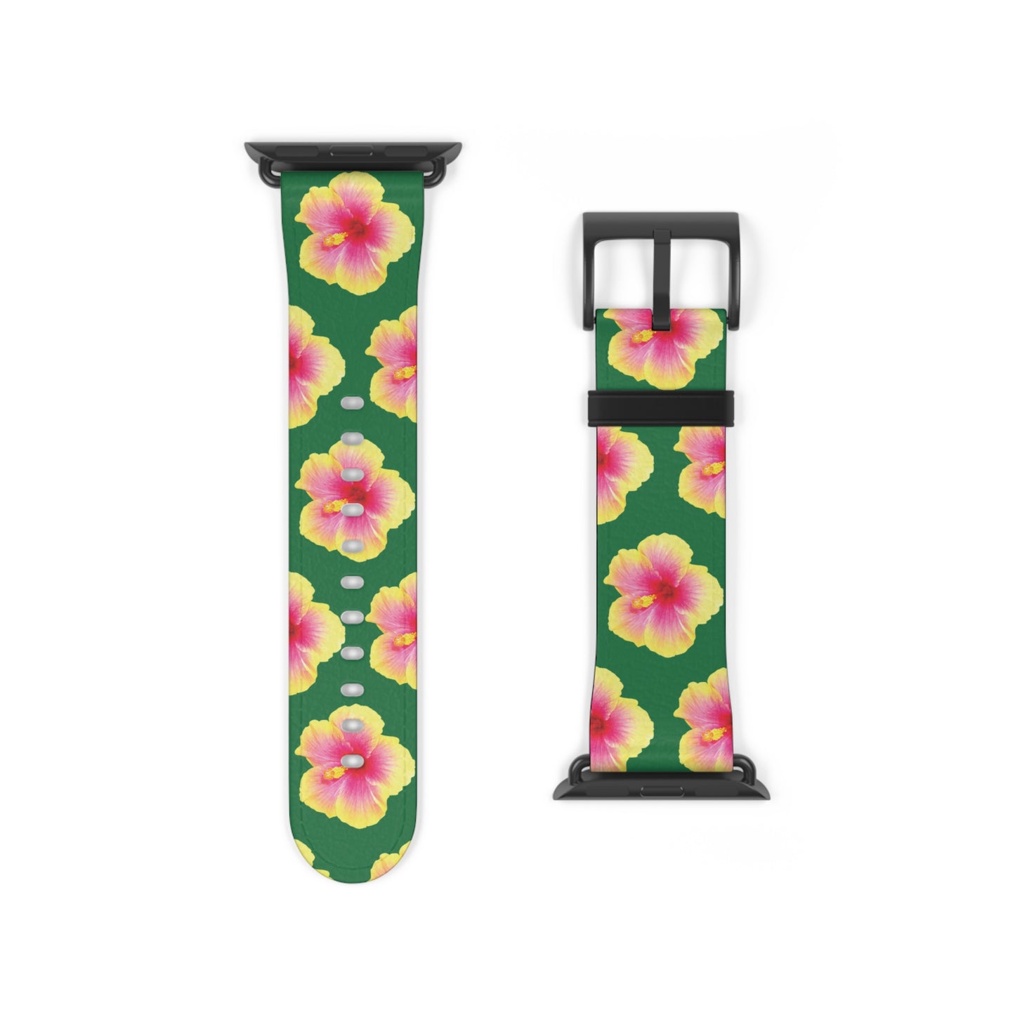 Apple Watch Band - REAL Yellow/Orange Hibiscus Flower, Dark Green