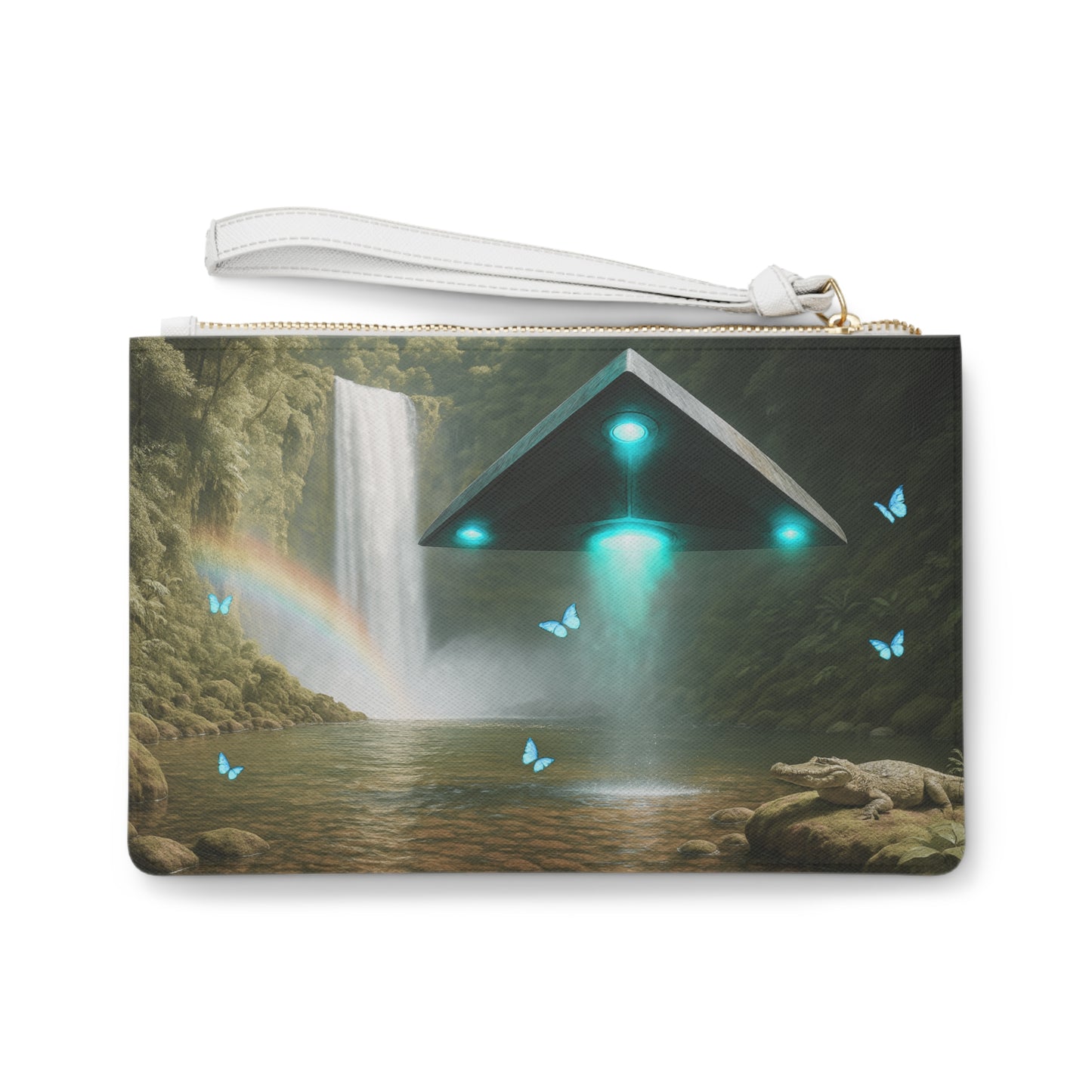 Tropical Faux Leather Clutch Bag - Perfect for Beach Adventures & Summer Vacations / UFO and Waterfall