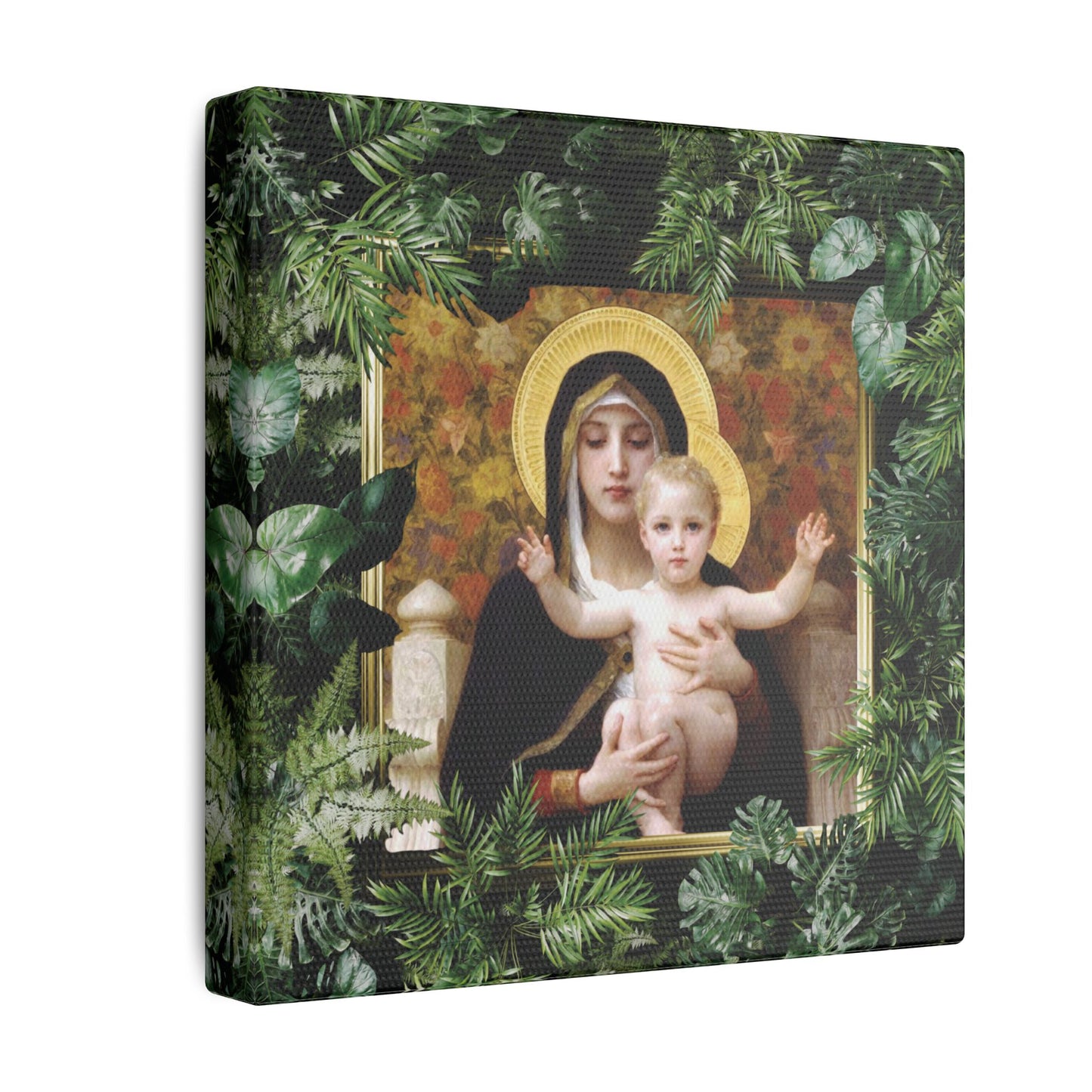 "Tropical Madonna of Lilies" Religious Canvas Artwork - Stretched Canvas Print / Virgin Mary & Jesus