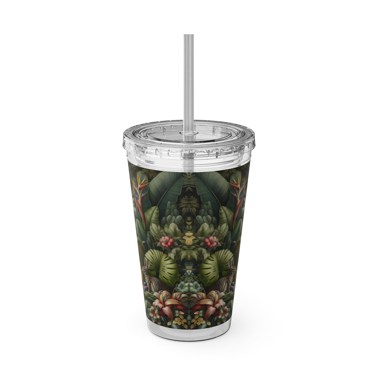 Tropical Tumbler with Straw | 16oz Colorful Travel Cup / Rainforest Rabbit Outing