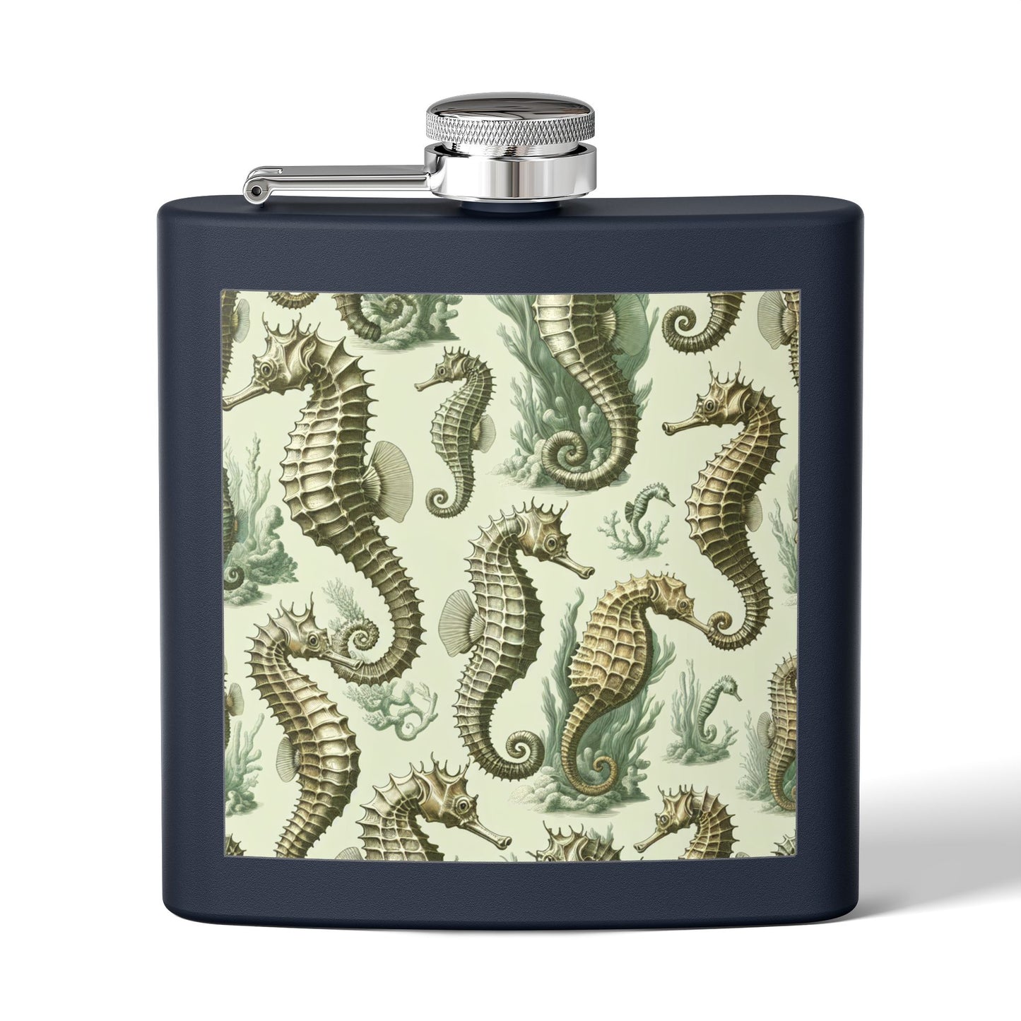 Tropical Stainless Steel 6 oz. Flask, Many Colors  – Green Toile Seahorses