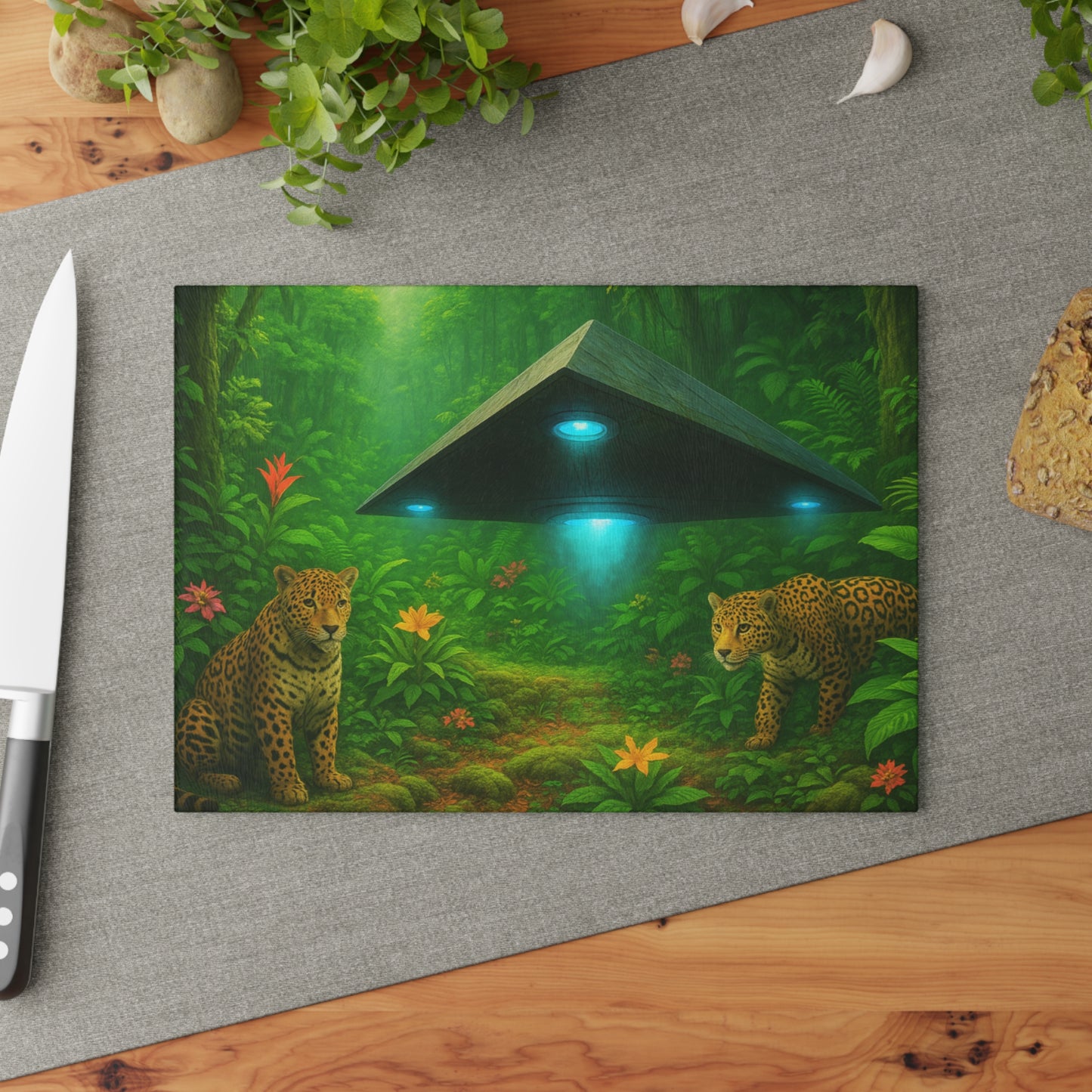 Glass Cutting Board, 2 sizes - Rainforest UFO and Jaguars