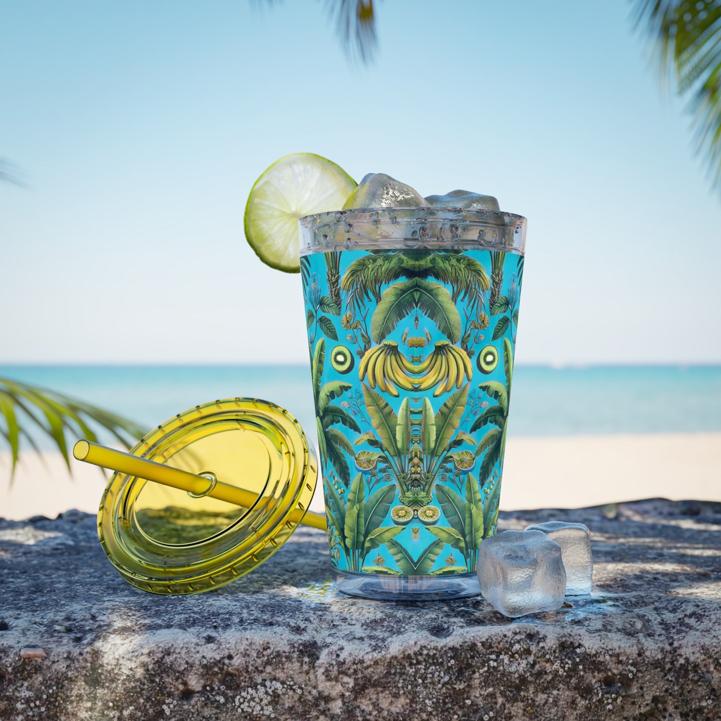 Tropical Tumbler with Straw | 16oz Colorful Travel Cup / More Tropical Fruit, Aqua Blue