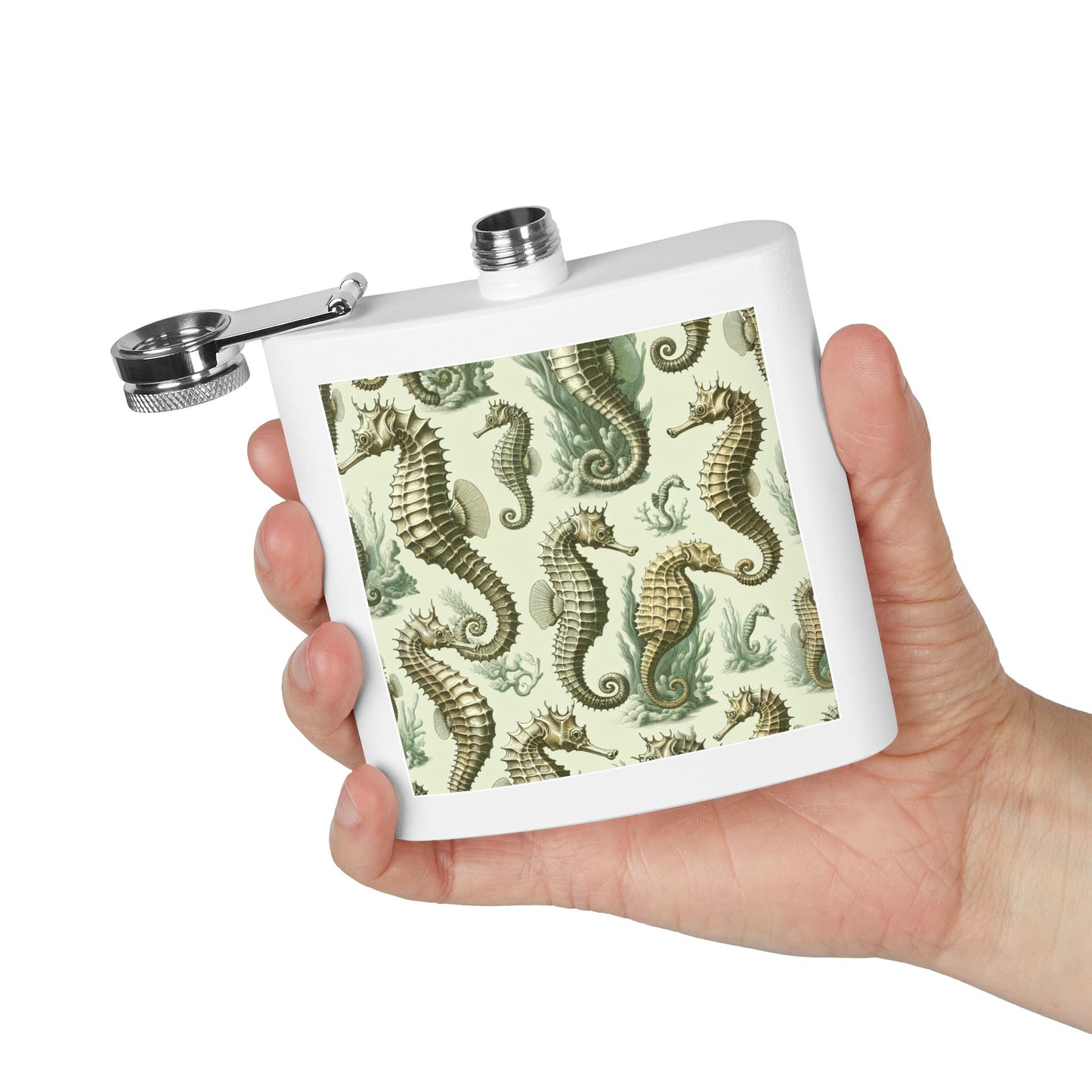 Tropical Stainless Steel 6 oz. Flask, Many Colors  – Green Toile Seahorses