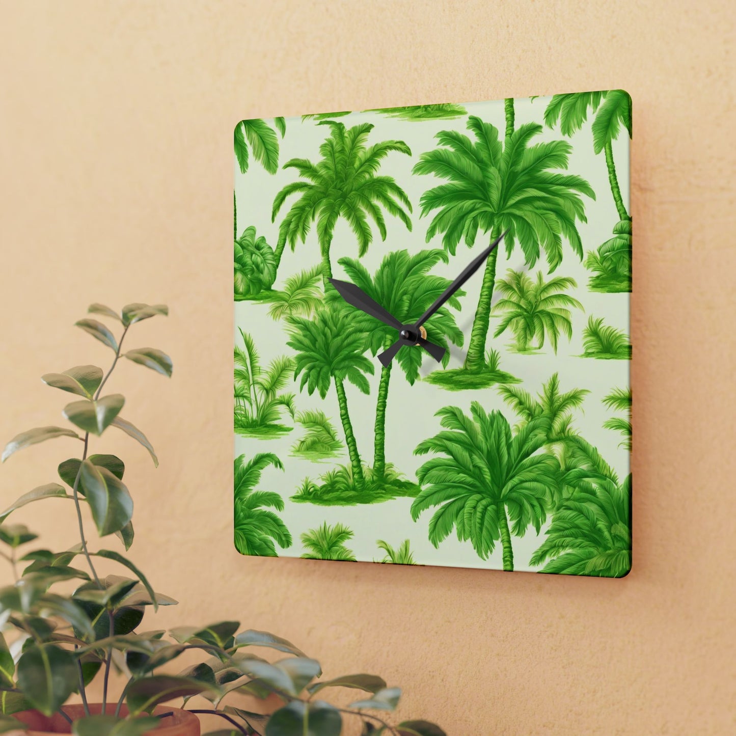 Acrylic Wall Clock,  Bright Green Palms, 4 Variants