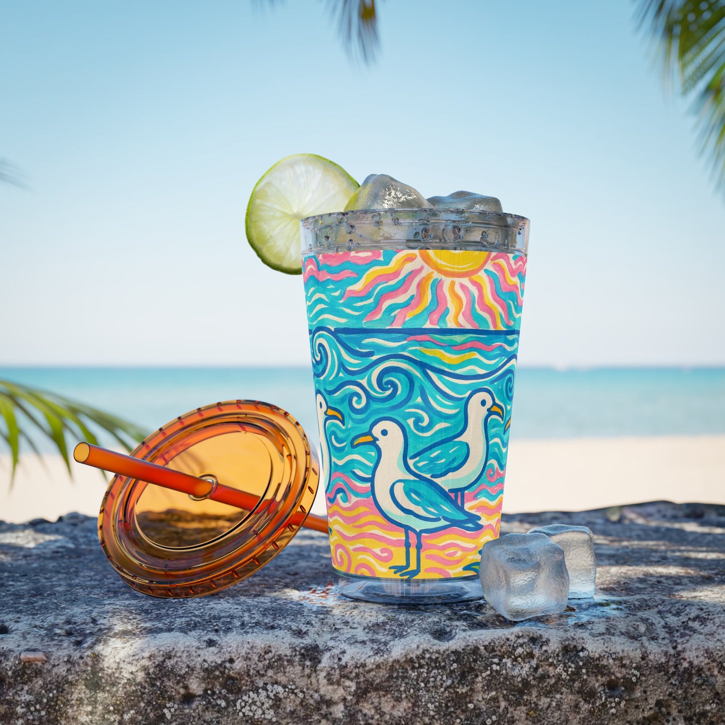 Tropical Tumbler with Straw | 16oz Colorful Travel Cup / Tropical Beach Seagulls