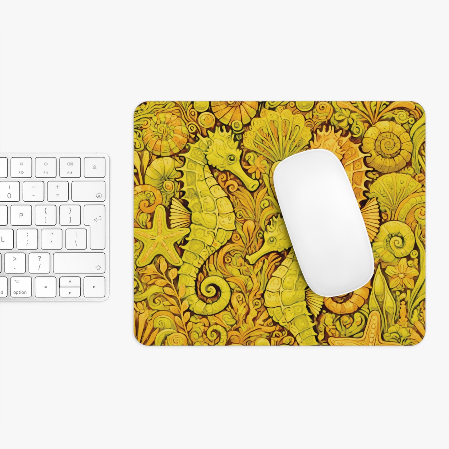 Tropical Mouse Pad, 2 Shapes - Beach Vibes for Home Office & Gamer / Seahorse Trio, Yellow