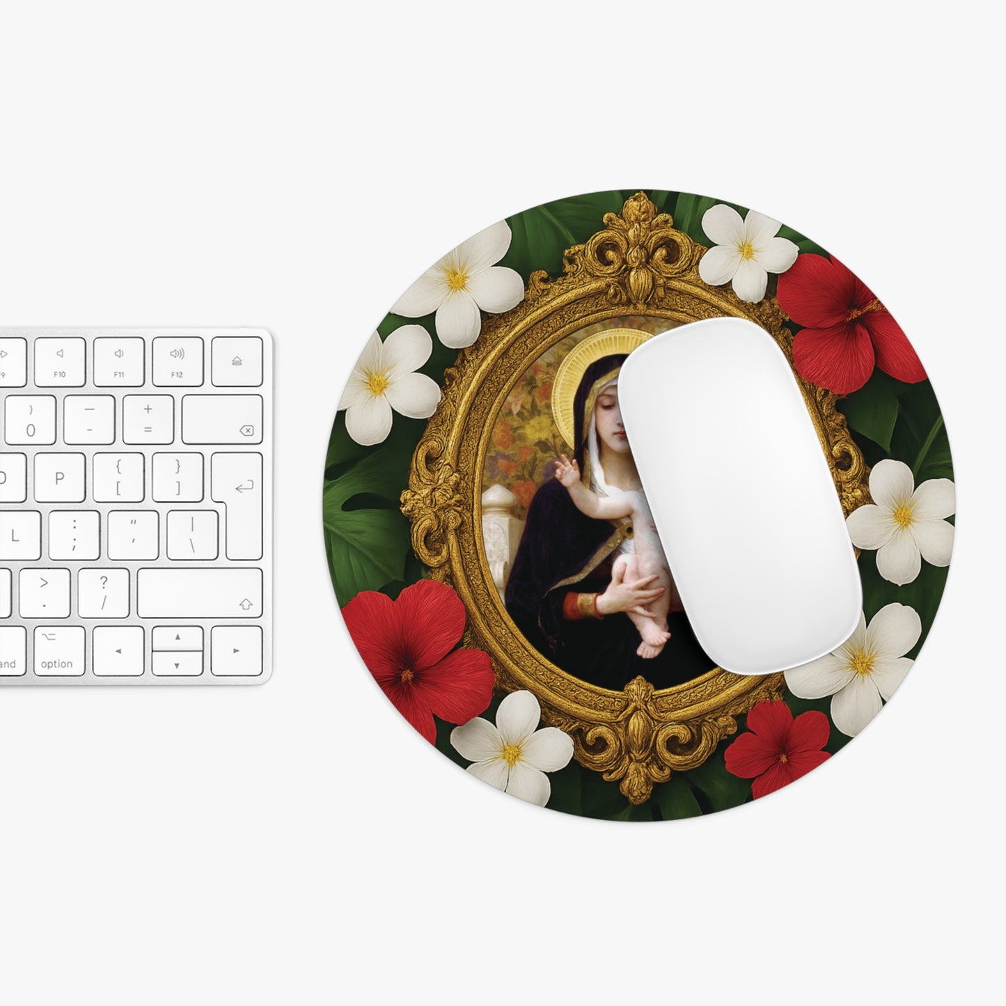Religious Tropical Mouse Pad, 2 Shapes - Beach Vibes for Home Office & Gamer / Virgin of the Lilies