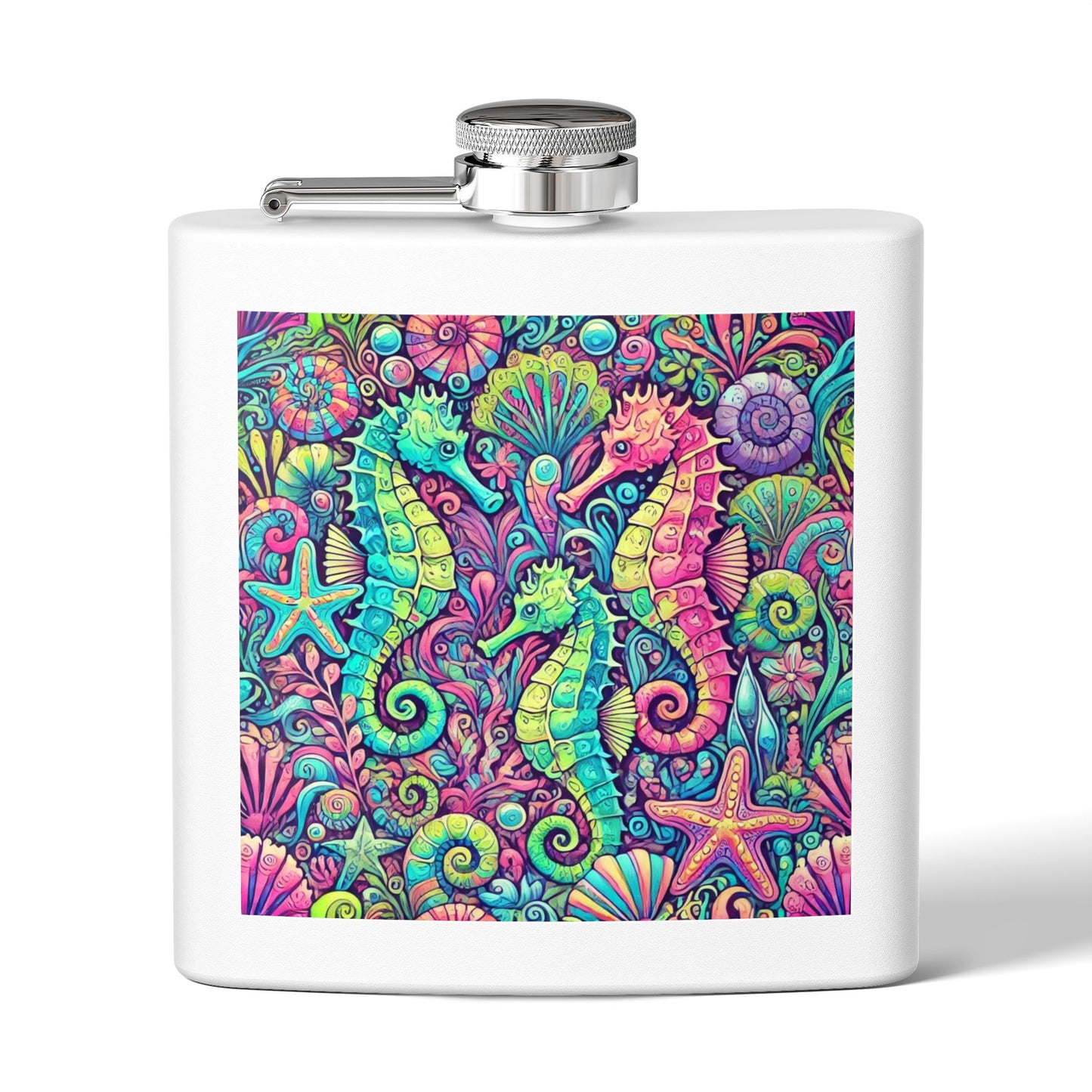 Tropical Stainless Steel 6 oz. Flask, Many Colors  – Seahorse Trio