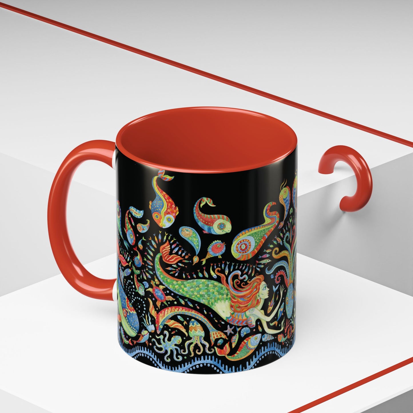 Mermaid Kingdom/Black, Coffee Mug, 8 Colors - Fun Tropical Drinkware for Beach Vibes