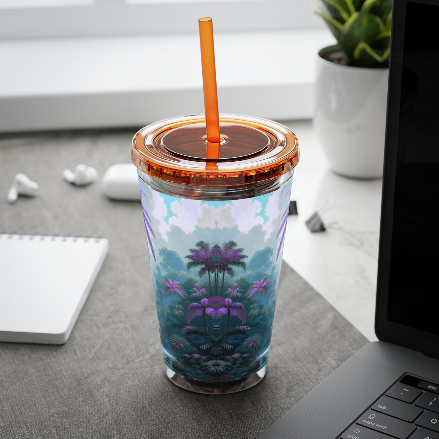 Tropical Tumbler with Straw | 16oz Colorful Travel Cup / Sleeping Parrot/Fantasy