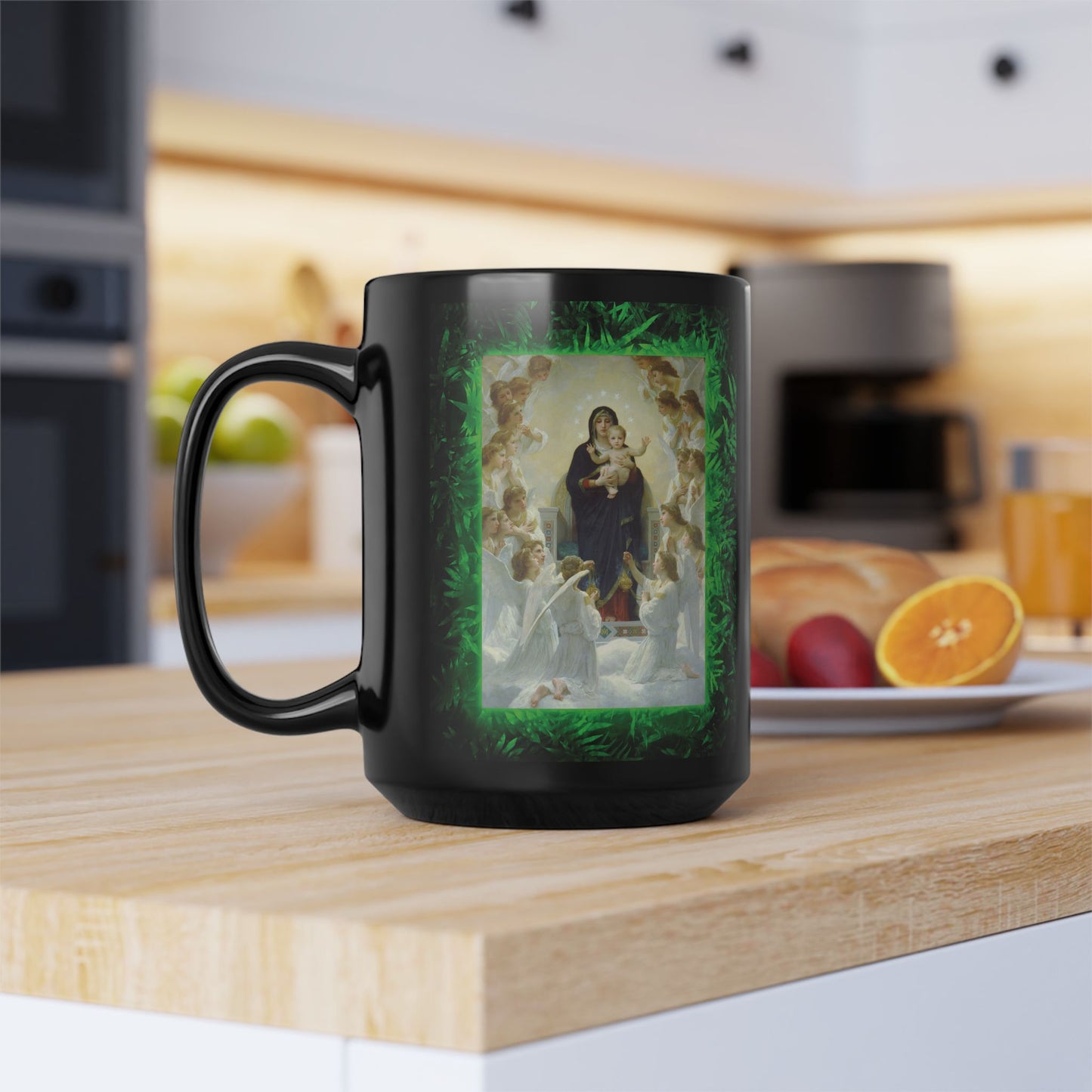 Black Coffee Mug, Religious - Tropical Queen of the Angels