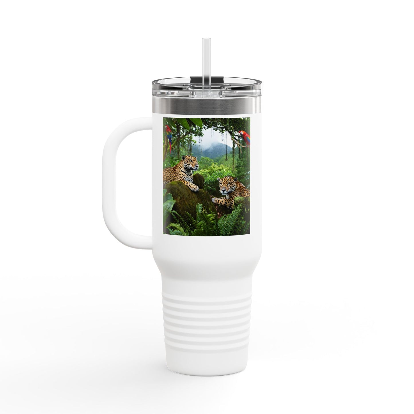 Insulated Travel Mug, 40oz / Jaguars and Parrots - Perfect for Outdoor Adventures