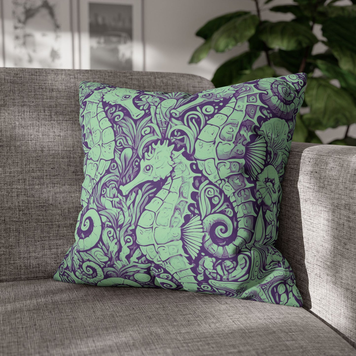 Faux Suede Square Pillowcase - Seahorse Trio, Minty