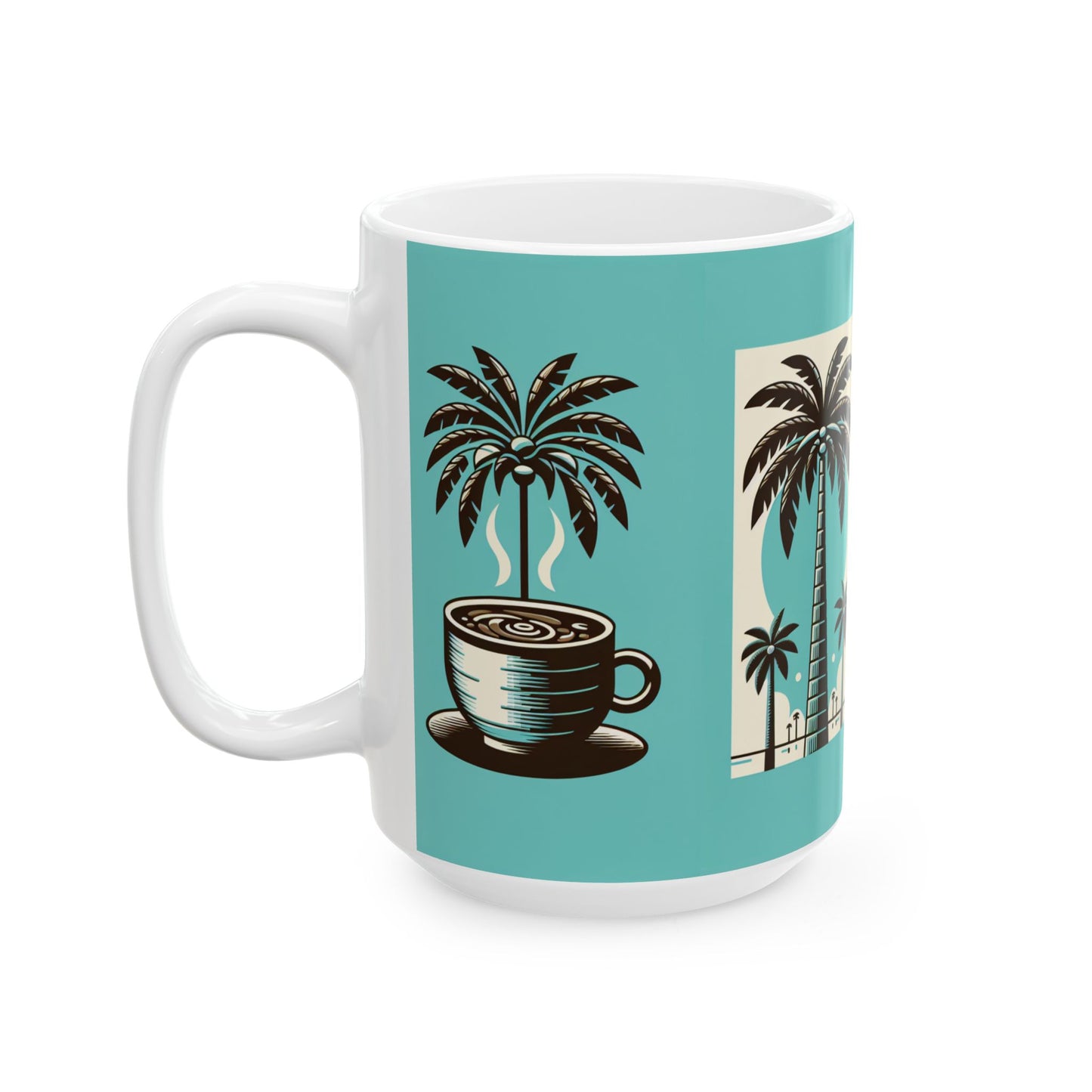 Ceramic White Mug - 11oz & 15oz, Palms and Coffee