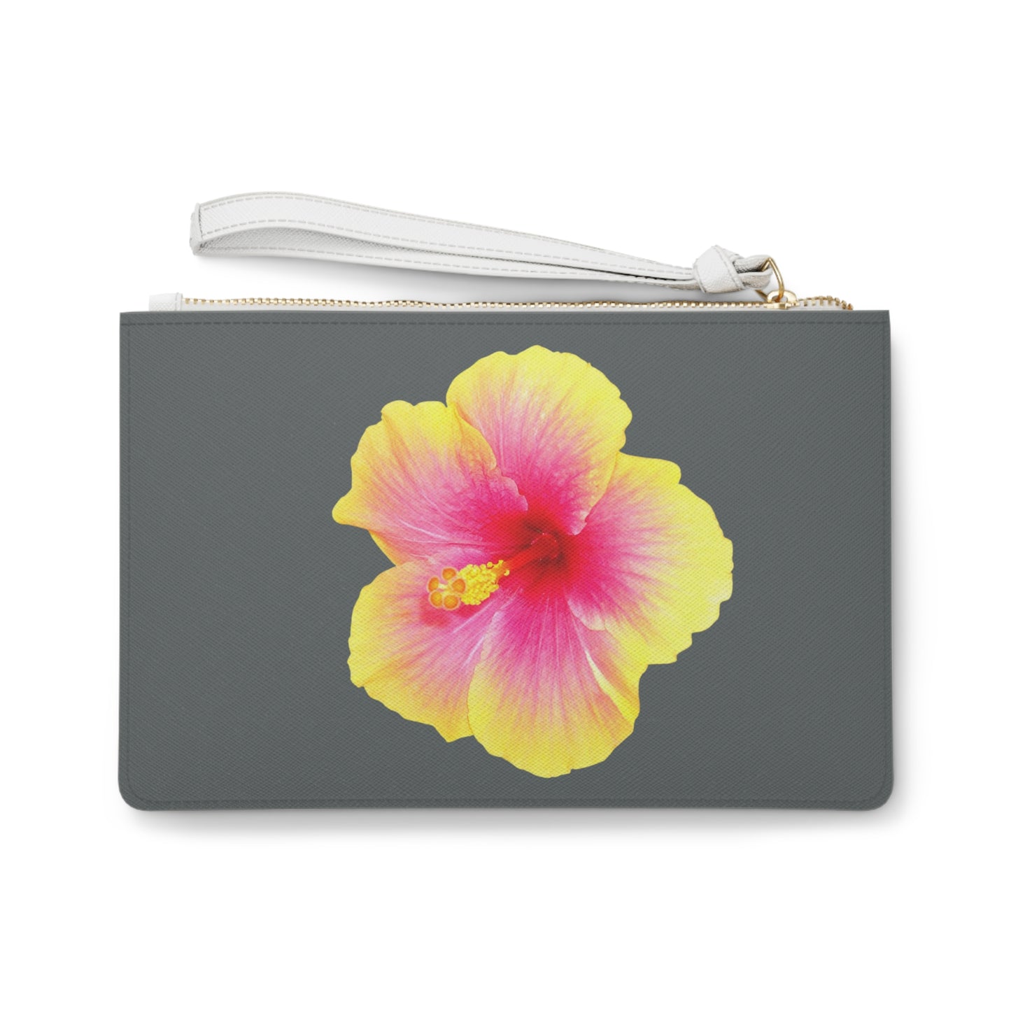 Tropical Faux Leather Clutch Bag - Perfect for Beach Adventures & Summer Vacations / Photo Yellow Hibiscus, Dark Grey