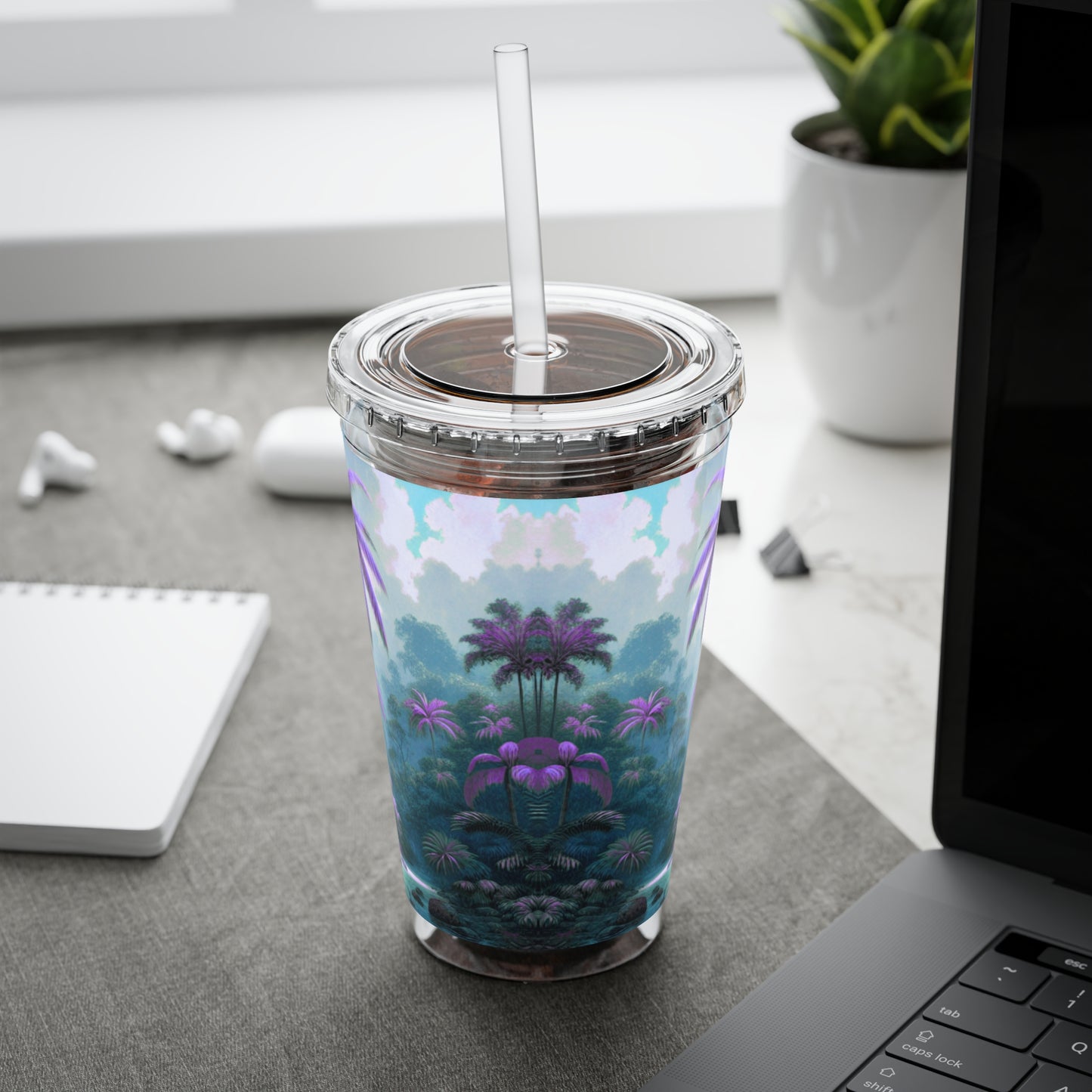 Tropical Tumbler with Straw | 16oz Colorful Travel Cup / Sleeping Parrot/Fantasy
