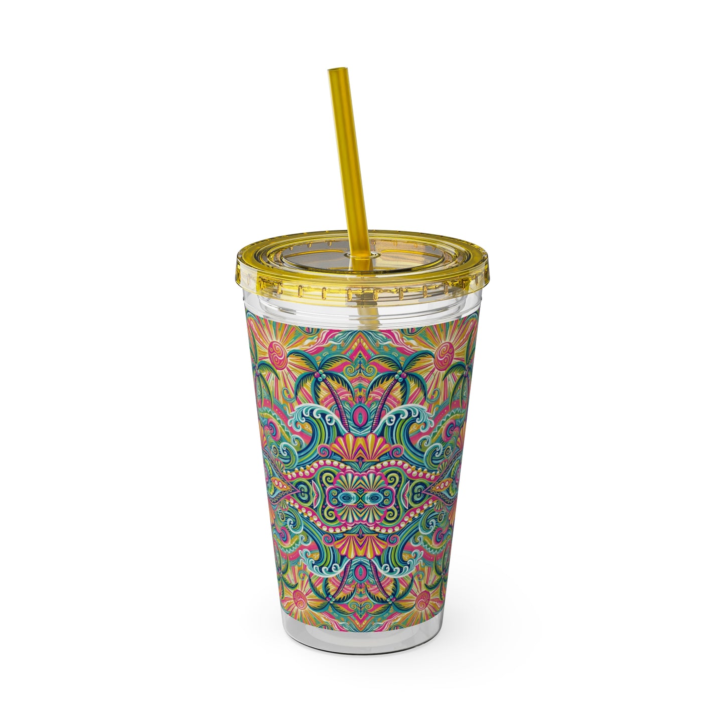 Tropical Tumbler with Straw | 16oz Colorful Travel Cup / Kaleido Bay