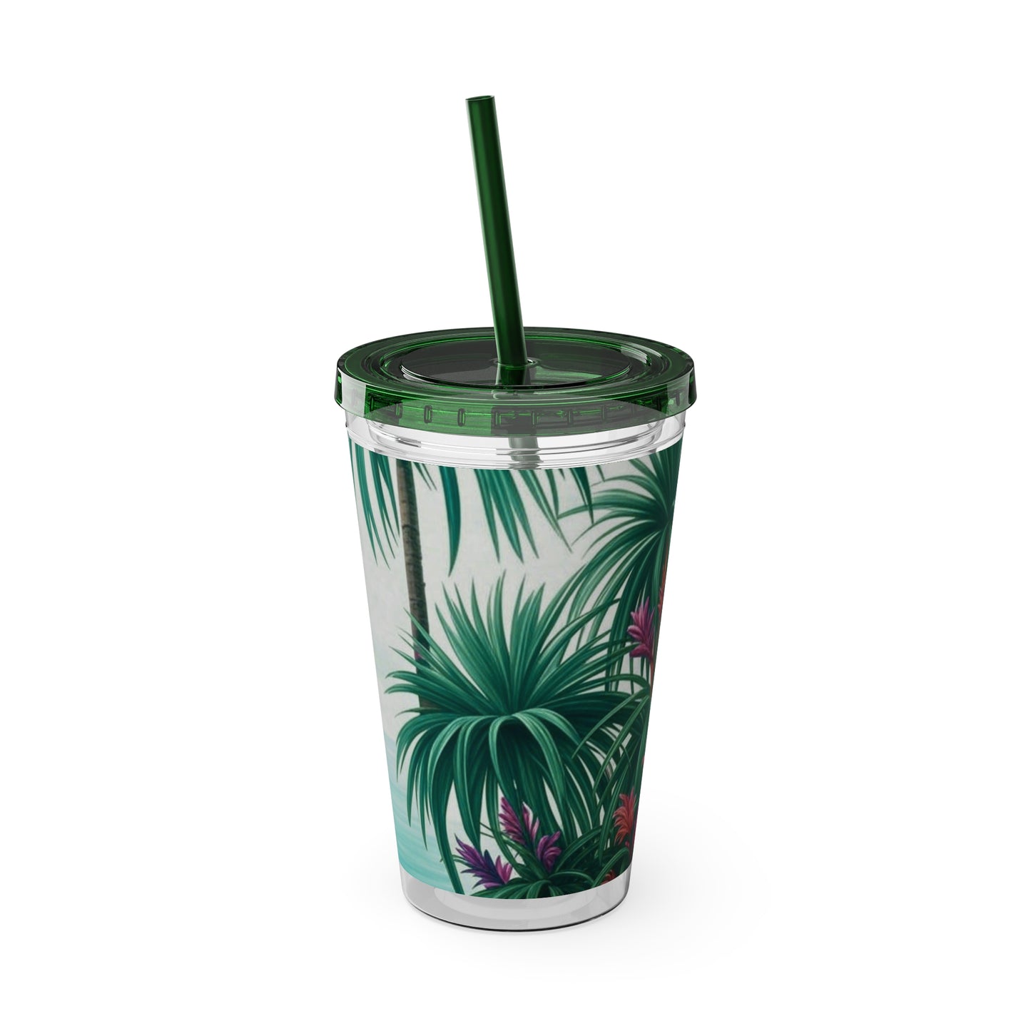 Tropical Tumbler with Straw | 16oz Colorful Travel Cup / Tiny Palm Island