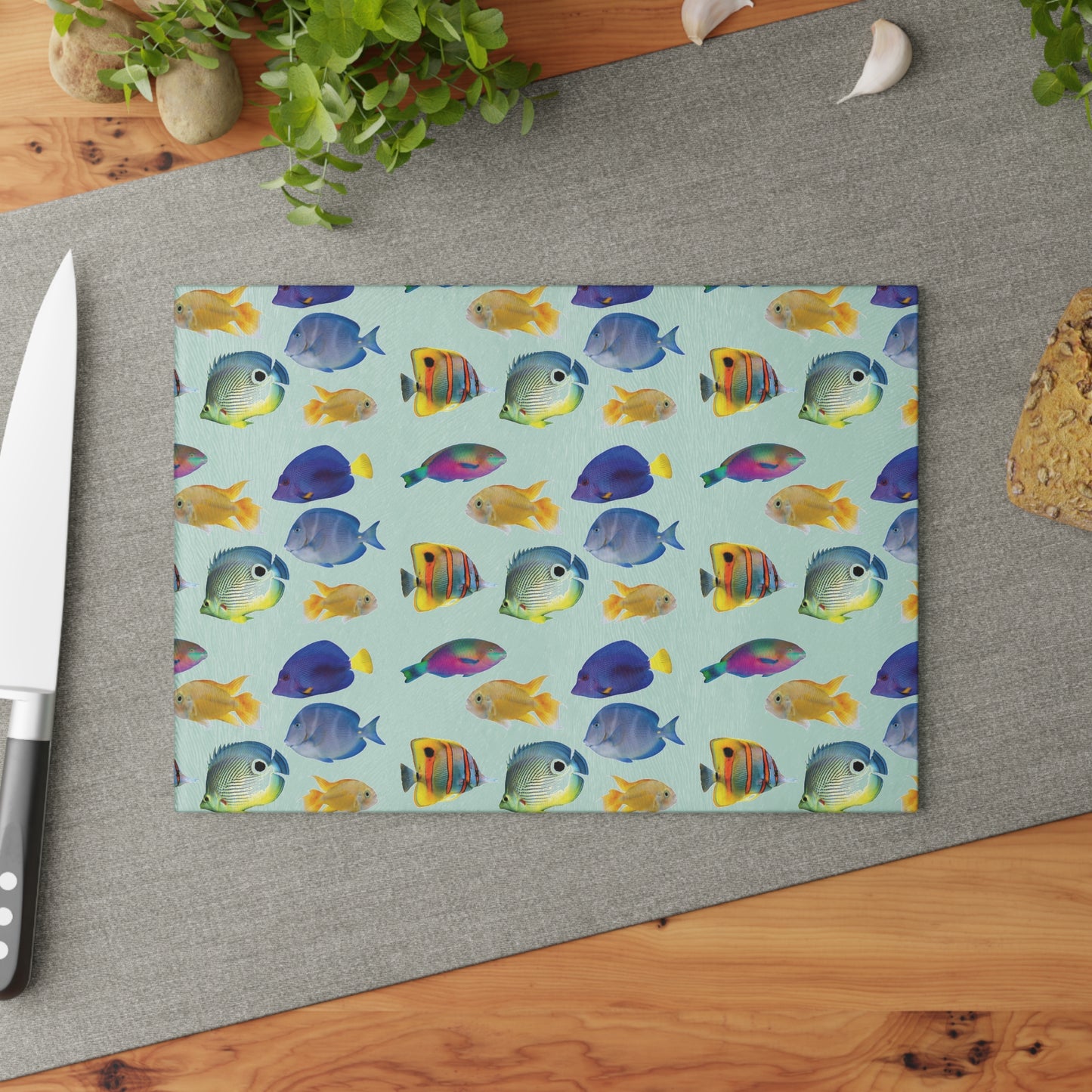 Glass Cutting Board, 2 sizes - School of Fish