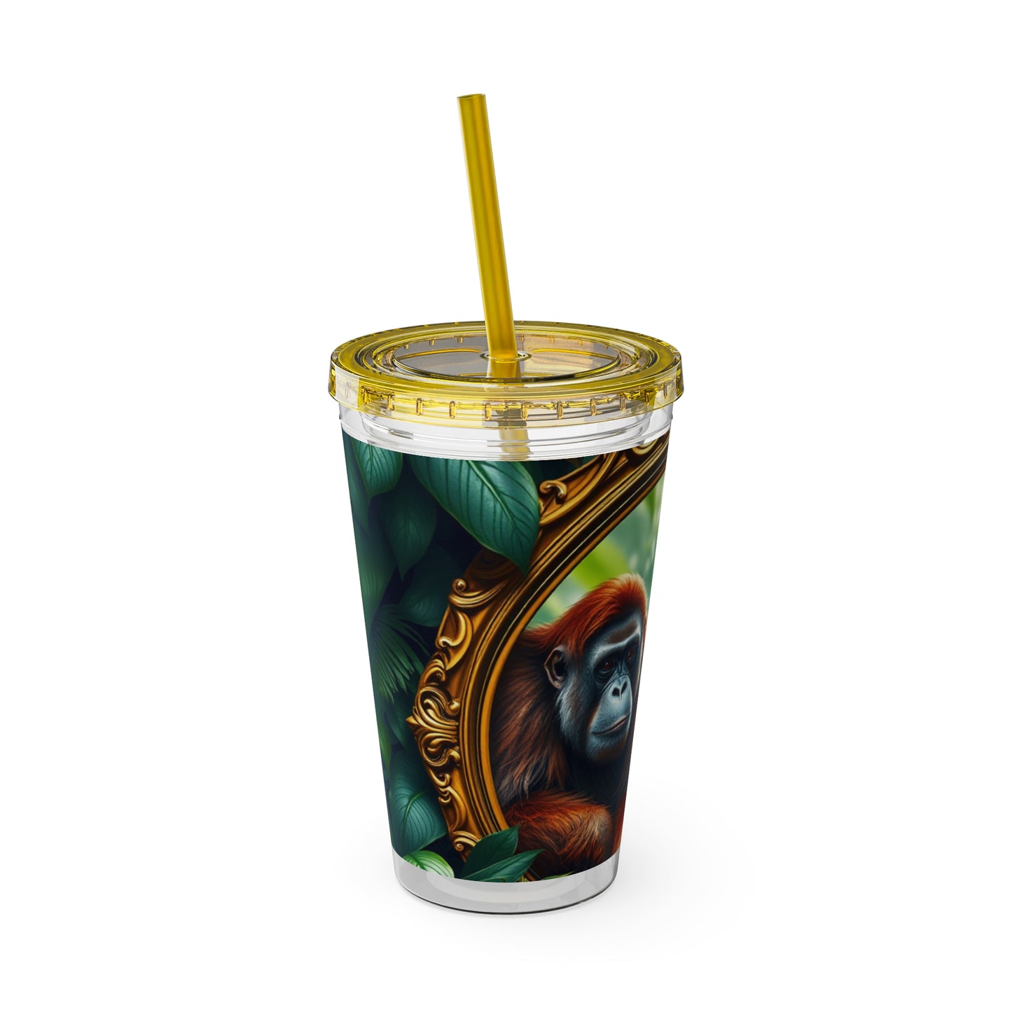 Tropical Tumbler with Straw | 16oz Colorful Travel Cup / Framed Orangutan Apes