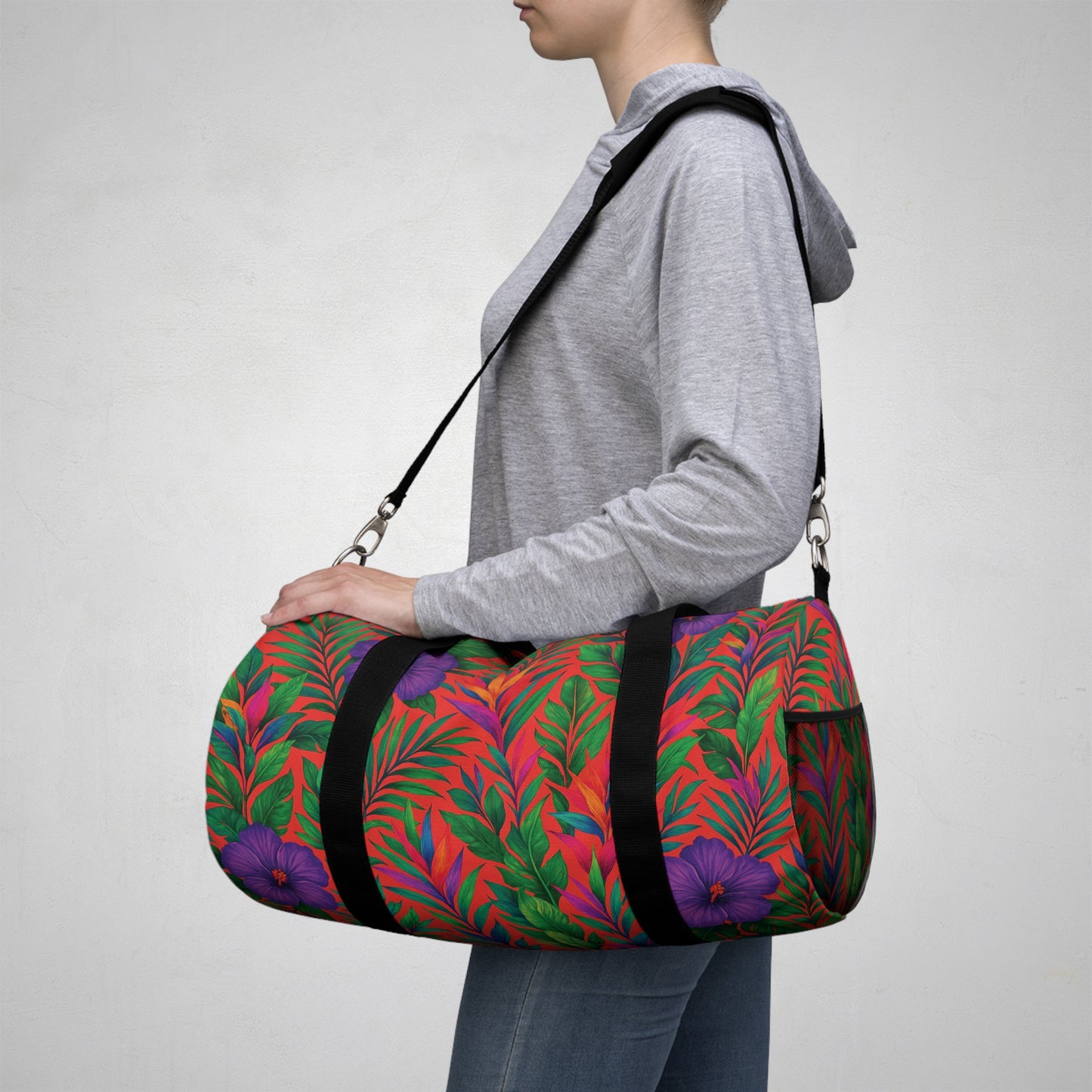Tropical Rainforest Duffel Bag - Perfect for Travel and Gym / Midnight Flowers Coral