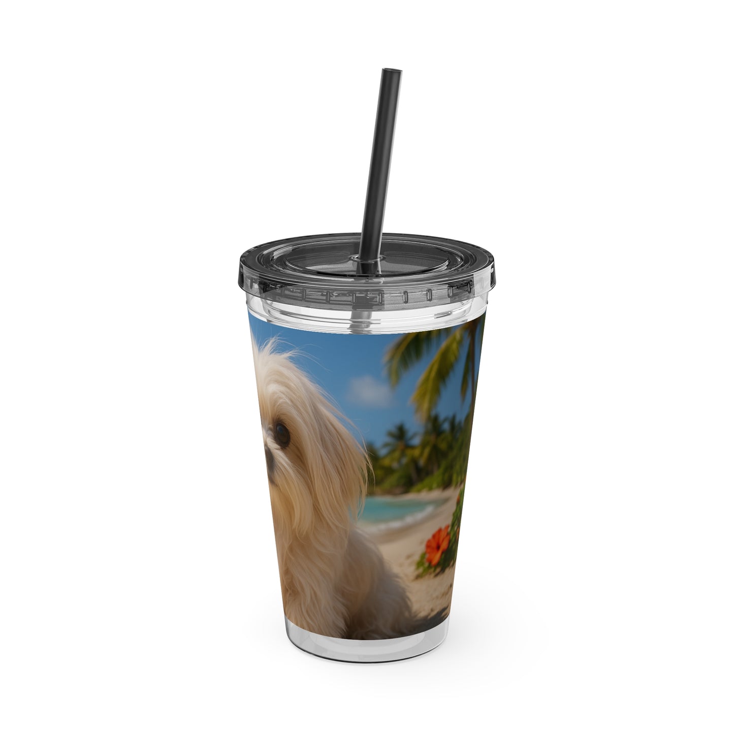 Tropical Tumbler with Straw | 16oz Colorful Travel Cup / Puppy Ariel at the Beach
