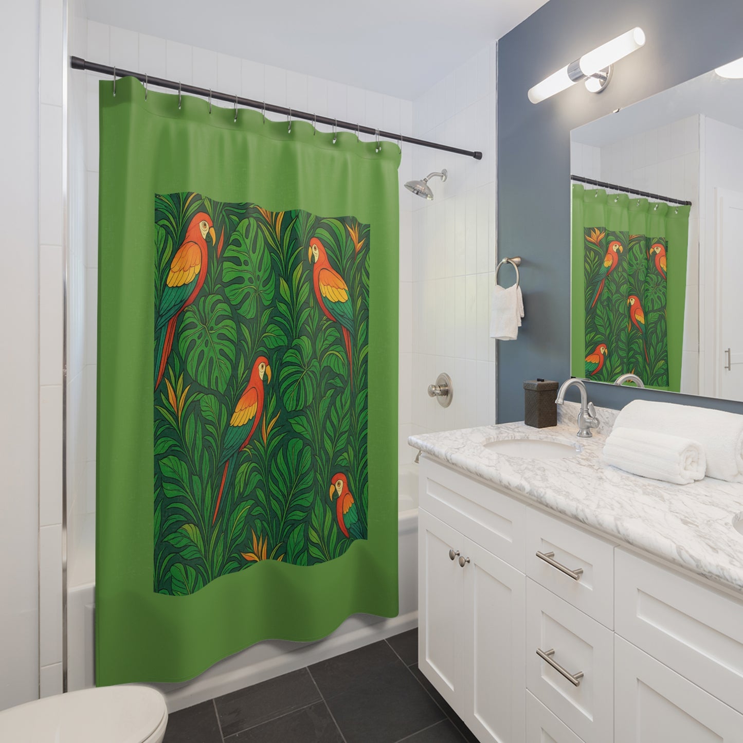Tropical Shower Curtain - Ocean Bathroom Decor / Parrot Family, Green