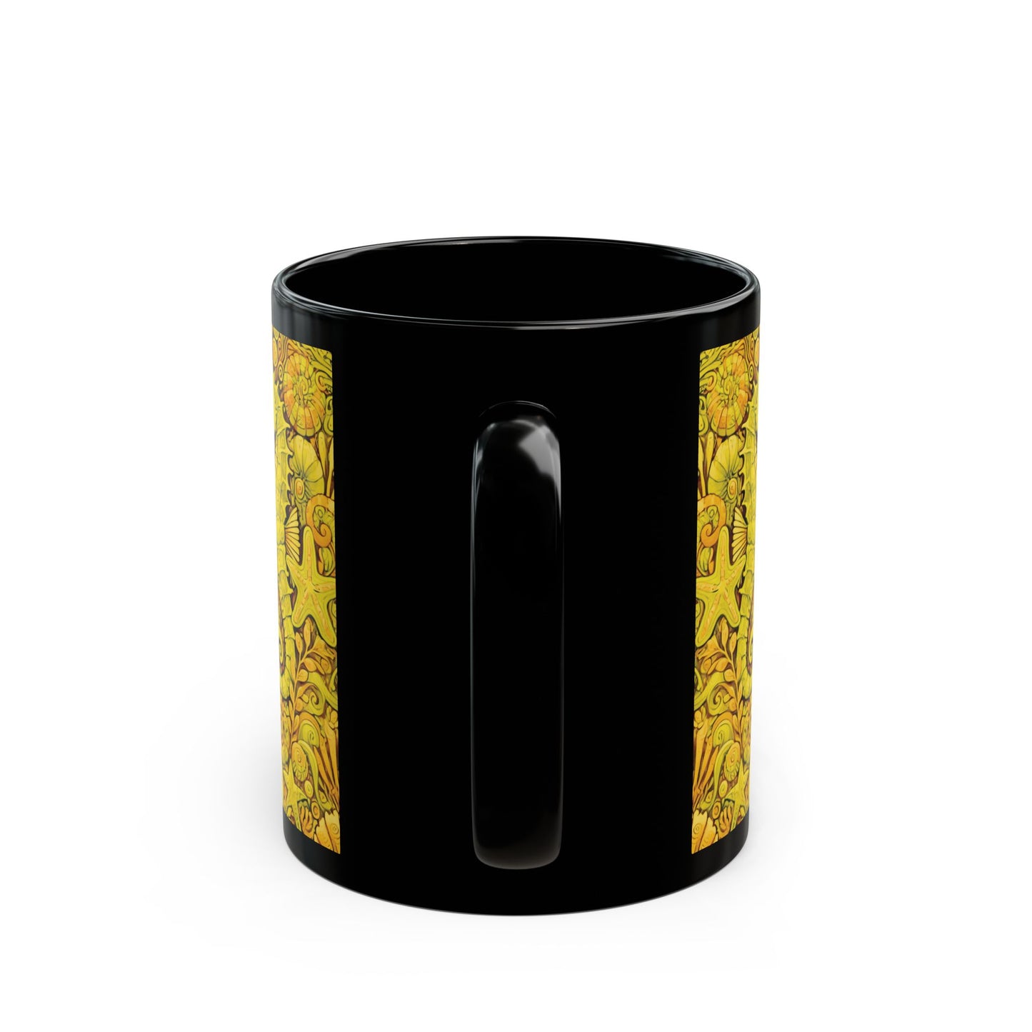 Black Coffee Mug - Seahorse Fantasy, Yellow