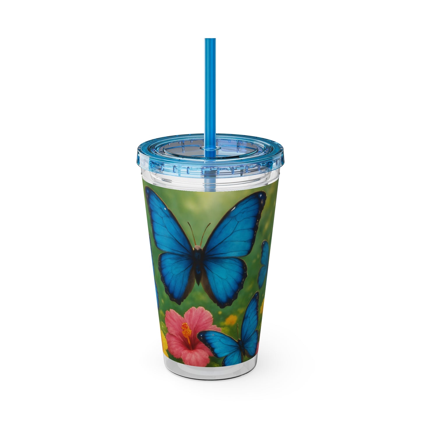 Tropical Tumbler with Straw | 16oz Colorful Travel Cup / Morpho Butterflies Flight
