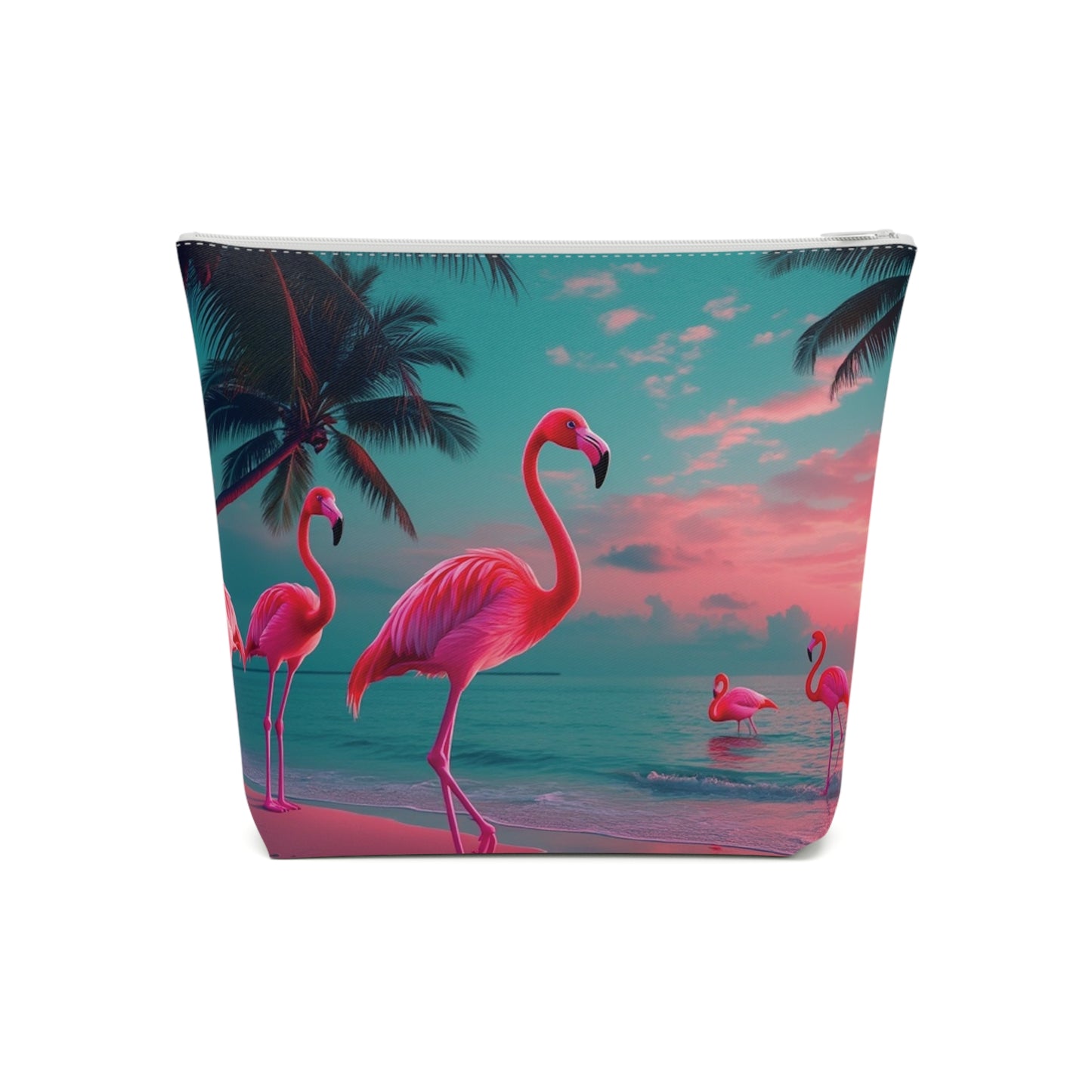 Tropical Cotton Cosmetic Bag, Makeup Pouch, 5 Sizes / Neon Flamingos at Night
