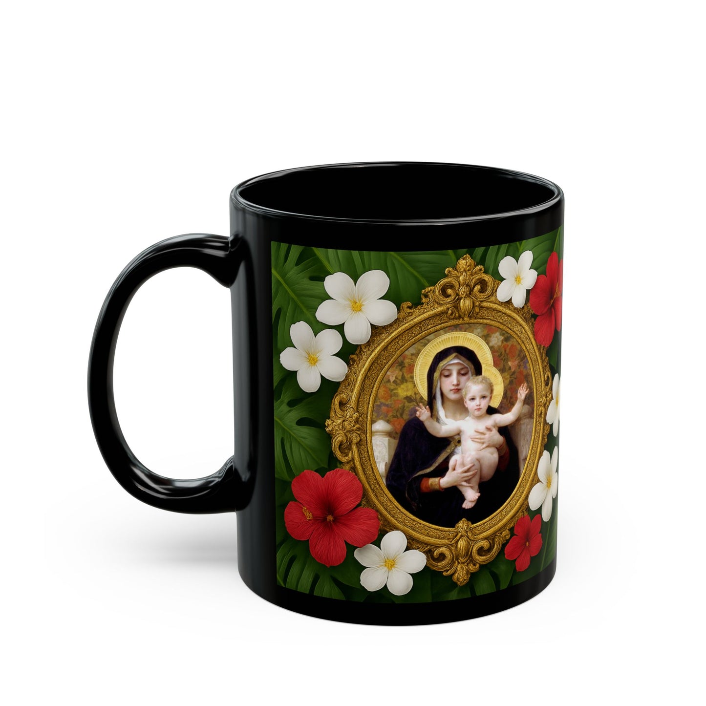Religious Black Coffee Mug - Virgin of the Lilies