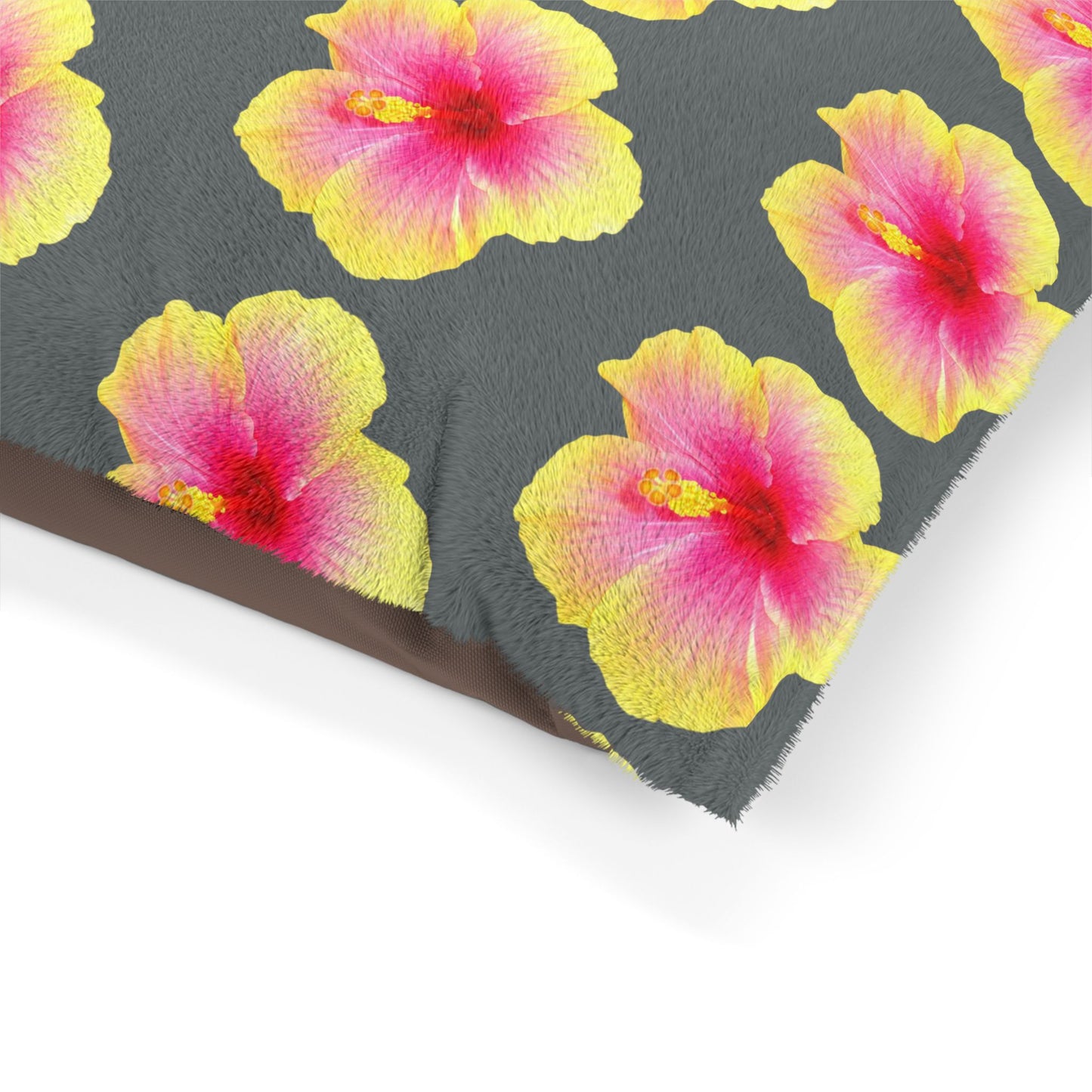 Pet Bed - Cozy and Fun Dog or Cat Bed for Beach Lovers / Real Yellow & Pink Hibiscus/Dark Grey