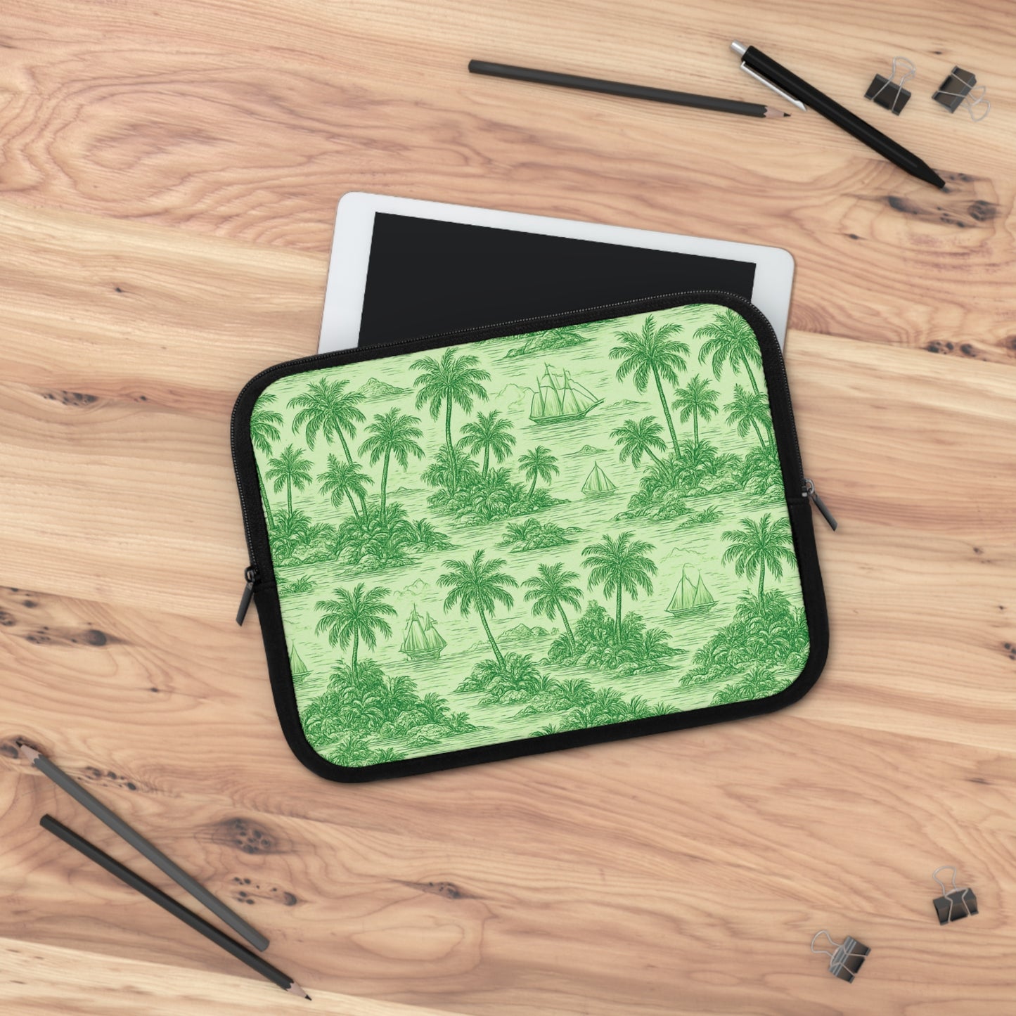 Tropical Laptop Sleeve, 5 Sizes - Perfect for Beach Lovers & Students / Faraway Toile, Green