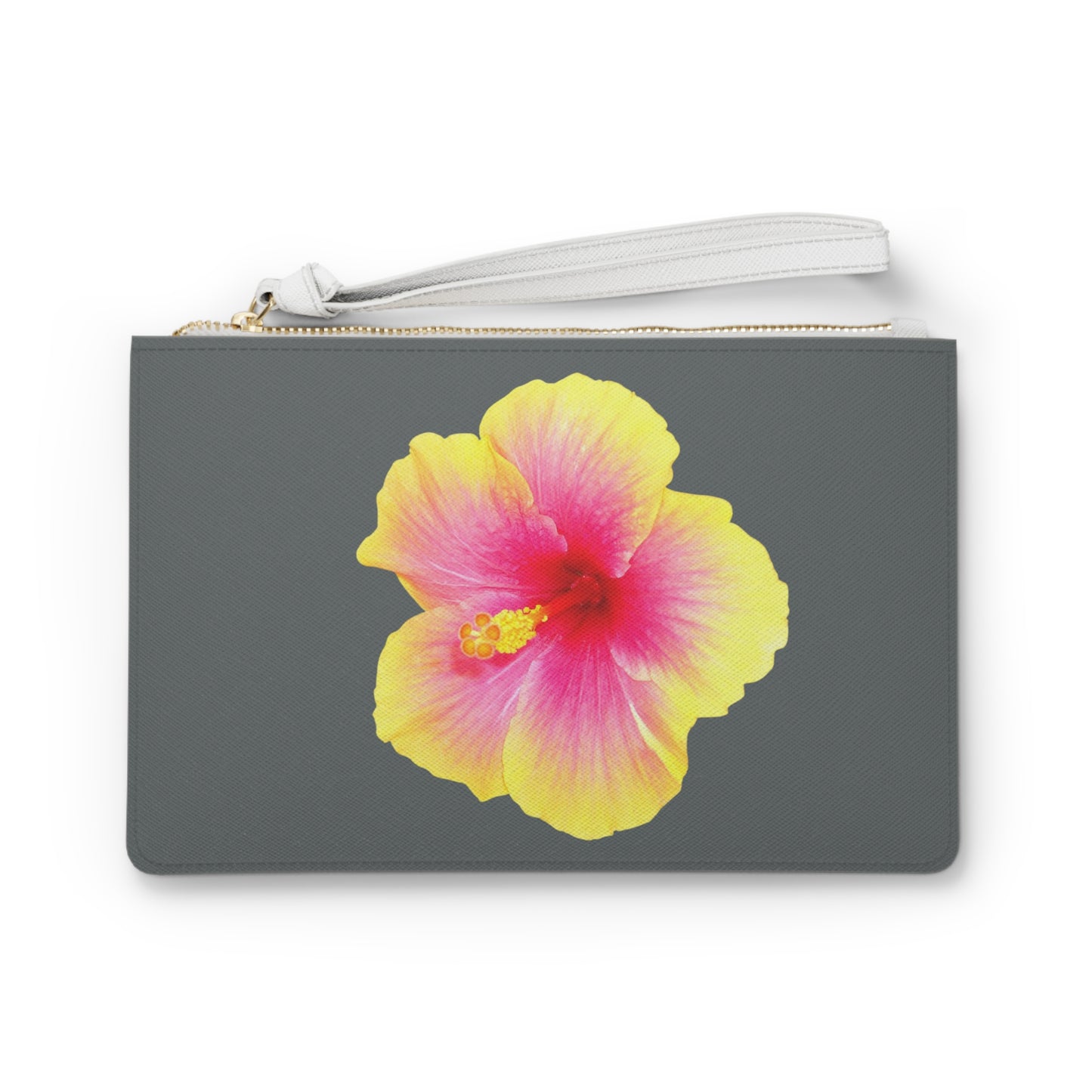 Tropical Faux Leather Clutch Bag - Perfect for Beach Adventures & Summer Vacations / Photo Yellow Hibiscus, Dark Grey