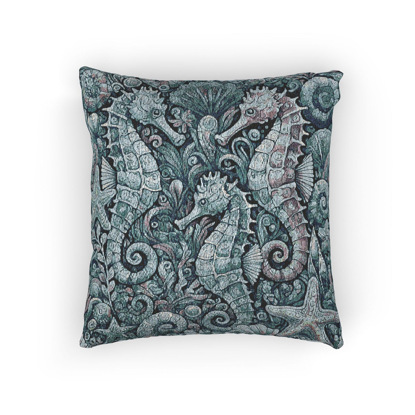 Woven Pillow, 17"W x 18"L - Seahorse Trio, Blue