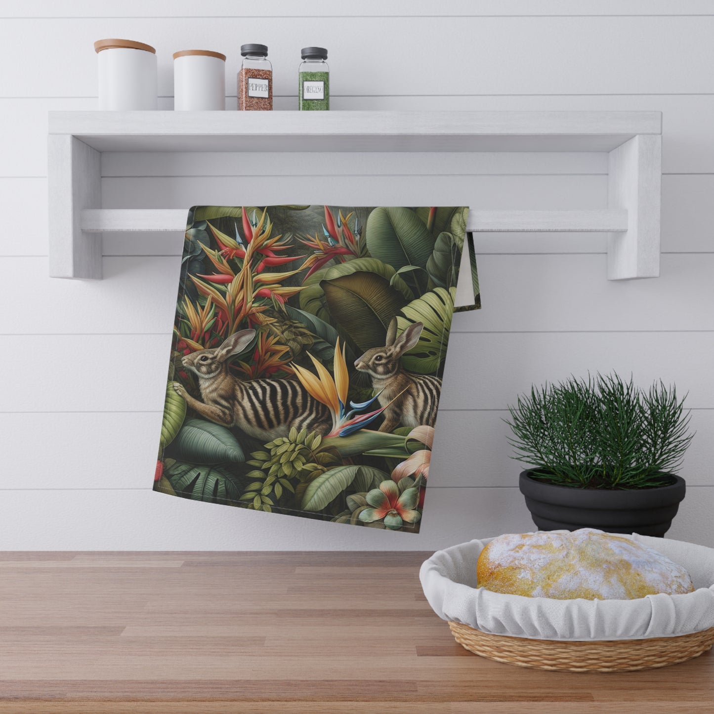 Tropical Tea Towels – Paradise Kitchen Decor / Rainforest Rabbit Outing