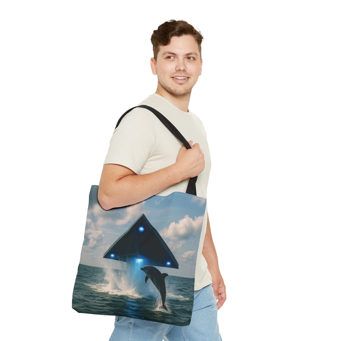 UFO and Dolphin in Ocean Tote Bag - 3 Sizes