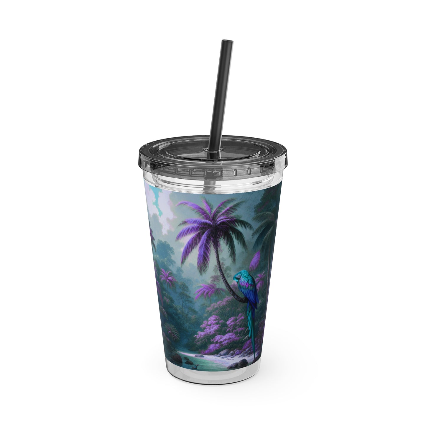 Tropical Tumbler with Straw | 16oz Colorful Travel Cup / Sleeping Parrot/Fantasy
