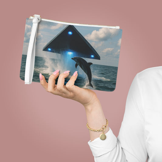 Tropical Faux Leather Clutch Bag - Perfect for Beach Adventures & Summer Vacations / UFO and Dolphin