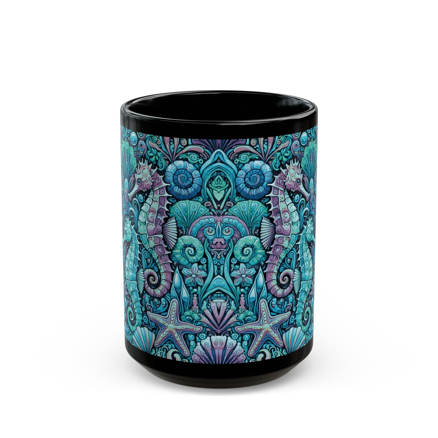Black Coffee Mug - Seahorse Party, Turquoise