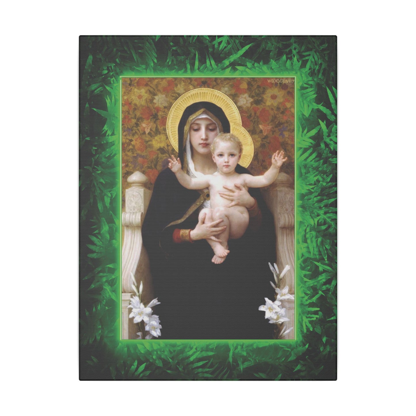 "Tropical Rainforest Madonna of Lilies" Religious Canvas Artwork - Stretched Canvas Print / Virgin Mary & Jesus