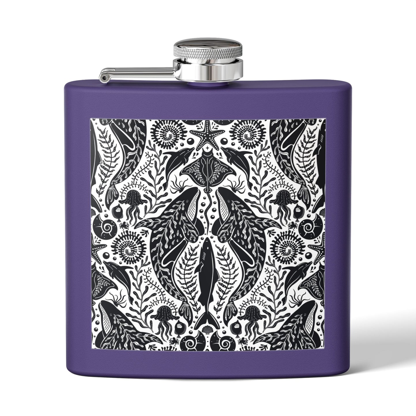 Tropical Stainless Steel 6 oz. Flask, Many Colors  – Mystic Ocean, Black/White