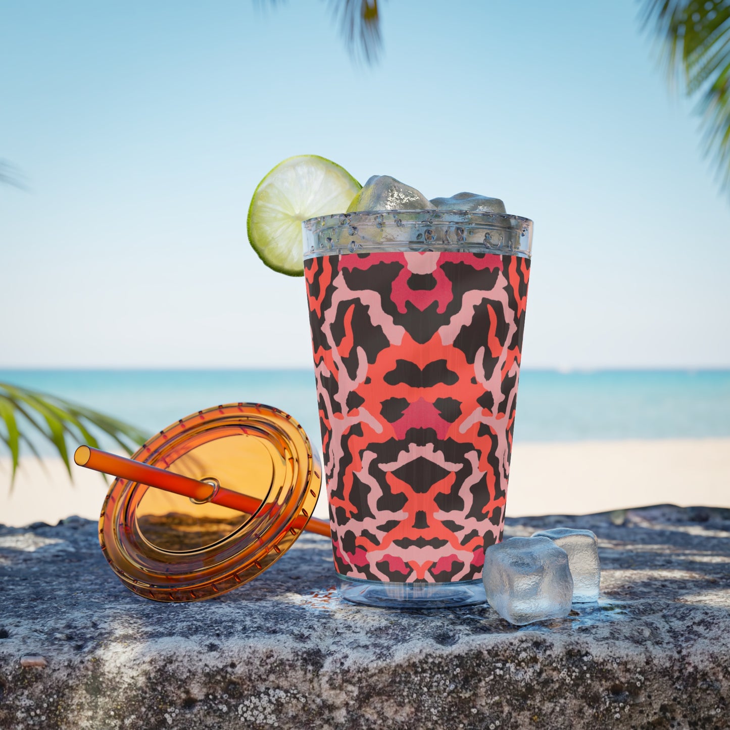 Tropical Tumbler with Straw | 16oz Colorful Travel Cup / Coral Threads, Red